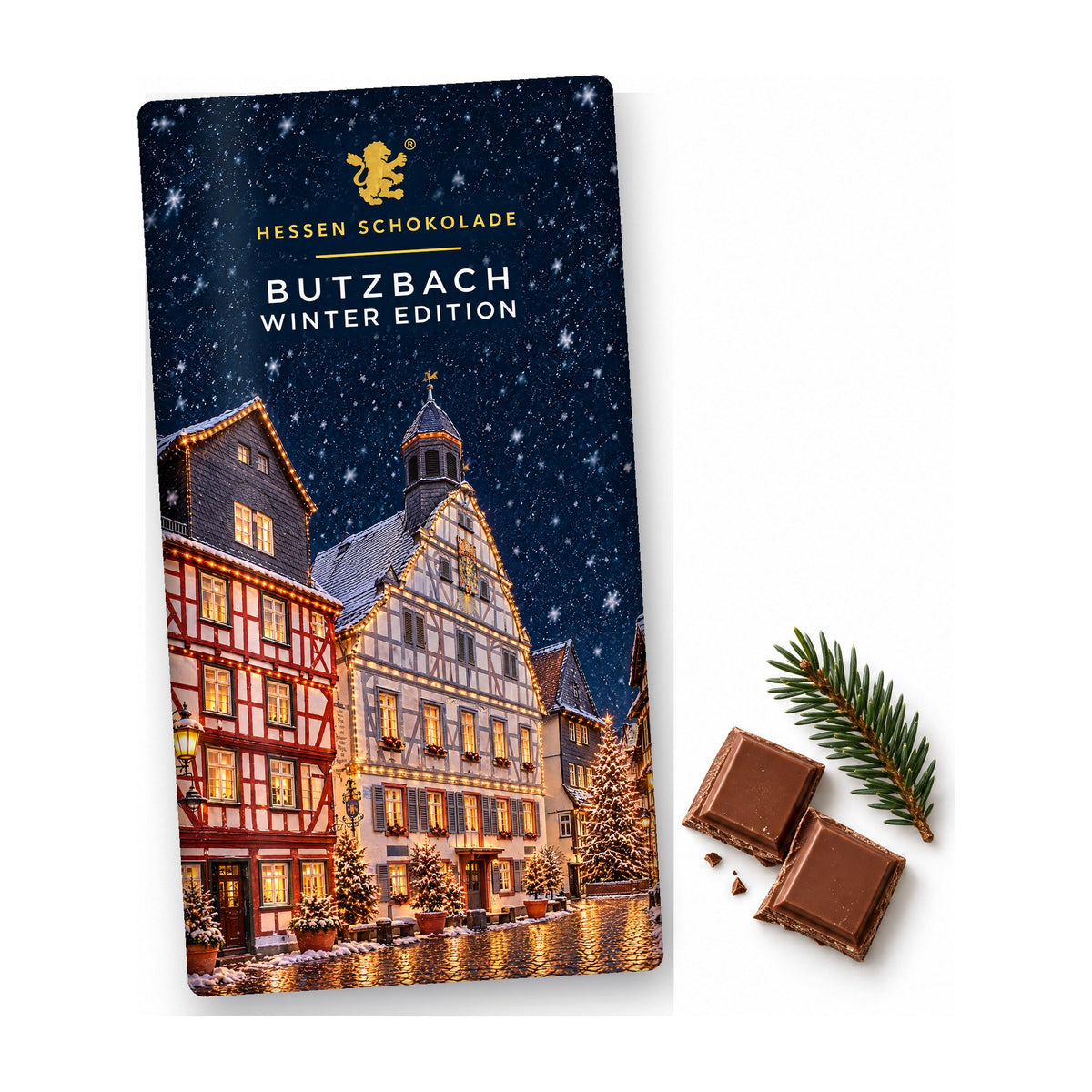 Butzbach Winter Edition Vollmilch Tafel – Altstadtgasse mit Weihnachtsbaum