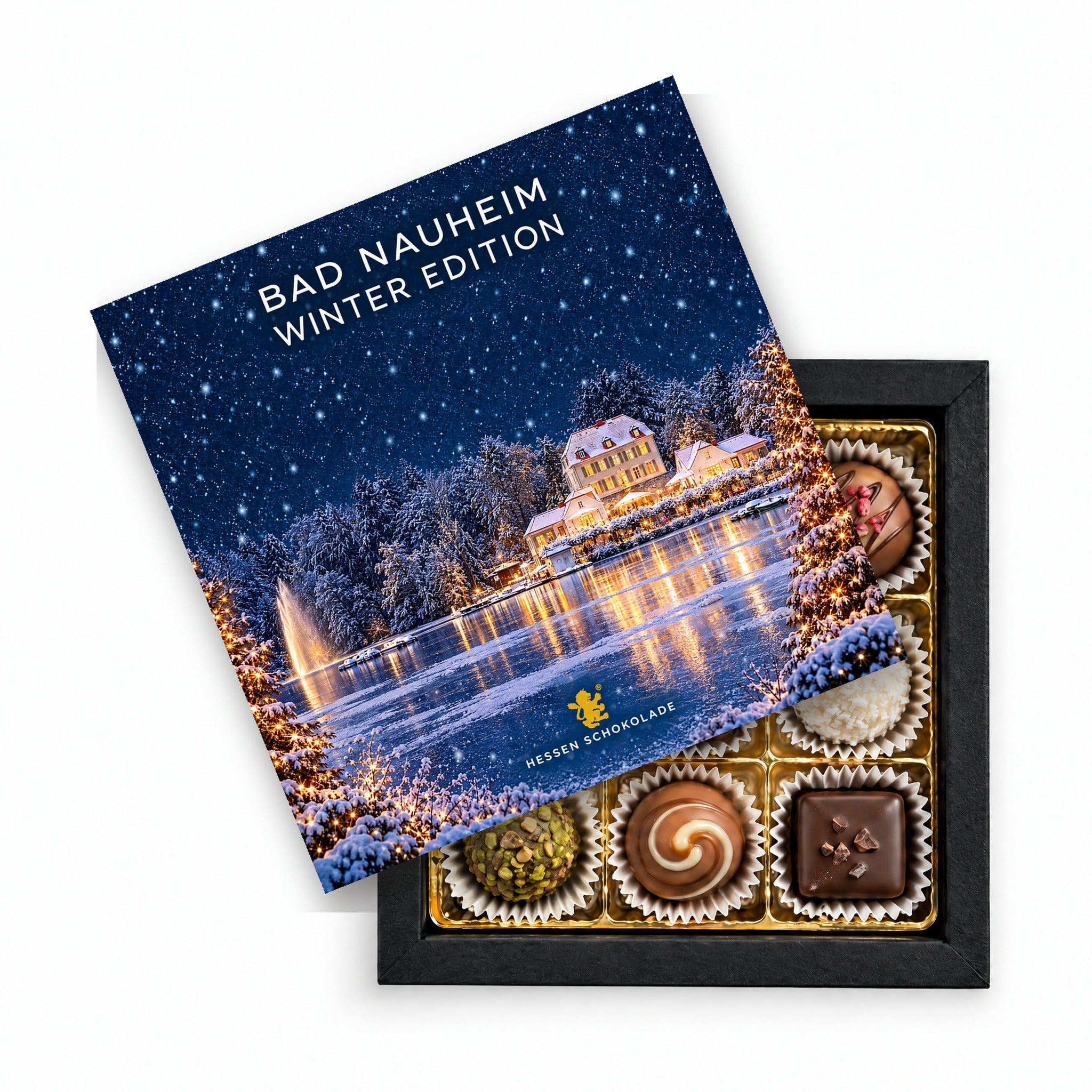 9er Pralinen Bad Nauheim Winter Edition – Großer Teich mit Teichhaus – Präsentbox mit Motiv-Einleger