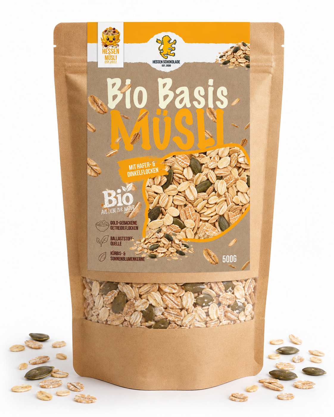 Bio Basis Müsli 500 g Beutel – Bio-Müsli aus Hafer-, Dinkel- und Gerstenflocken mit Kernen, ohne Zuckerzusatz