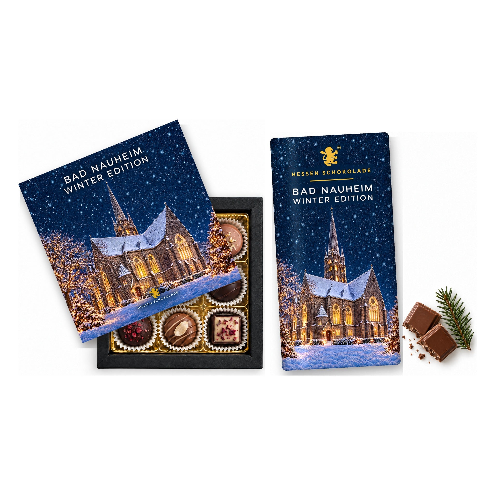 Präsent-Set Bad Nauheim Winter Edition – Dankeskirche (9er Pralinen + Tafel)