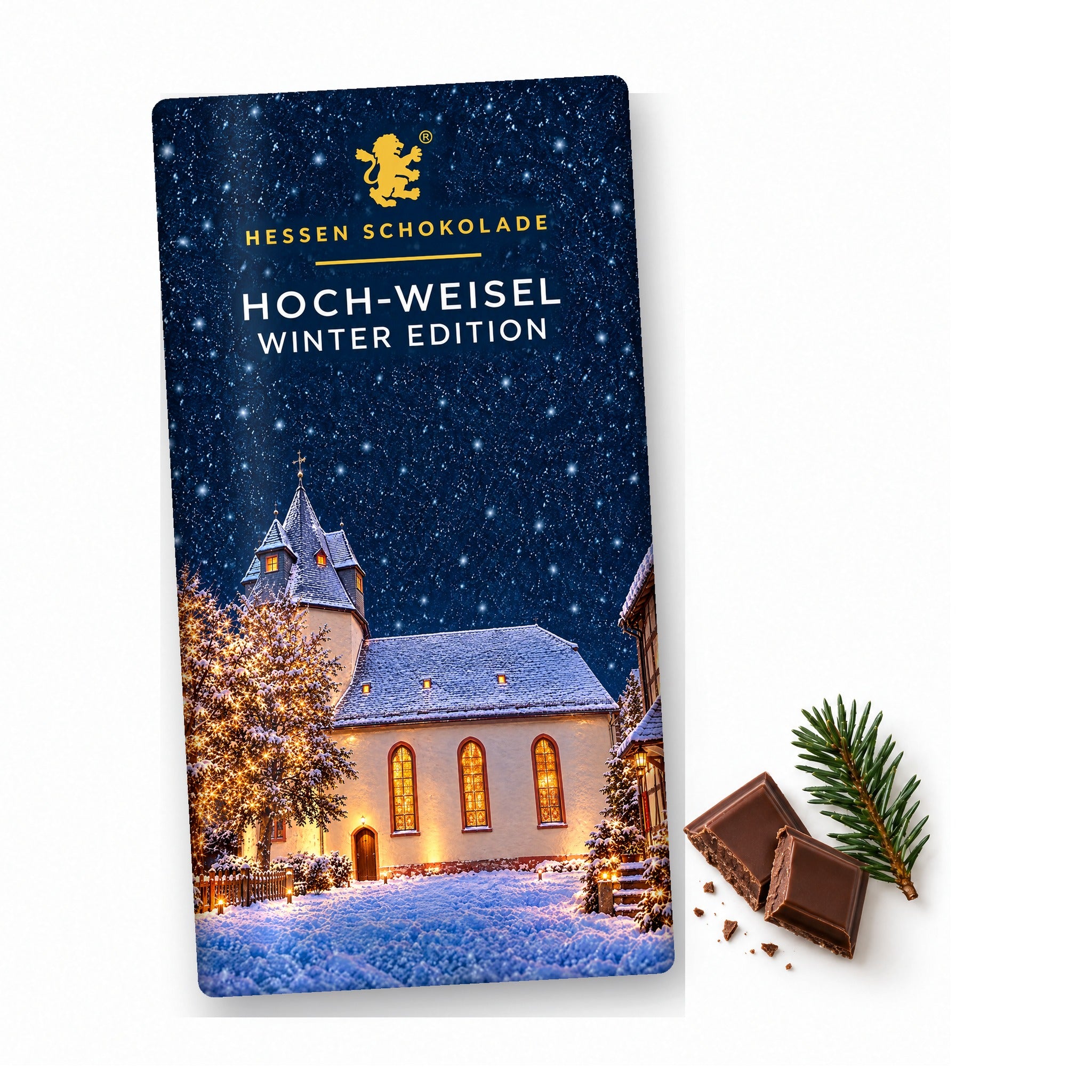 Vollmilch-Tafel Butzbach Winter Edition – Hoch-Weisel (Ev. Kirche) – Tafel mit Motiv-Banderole
