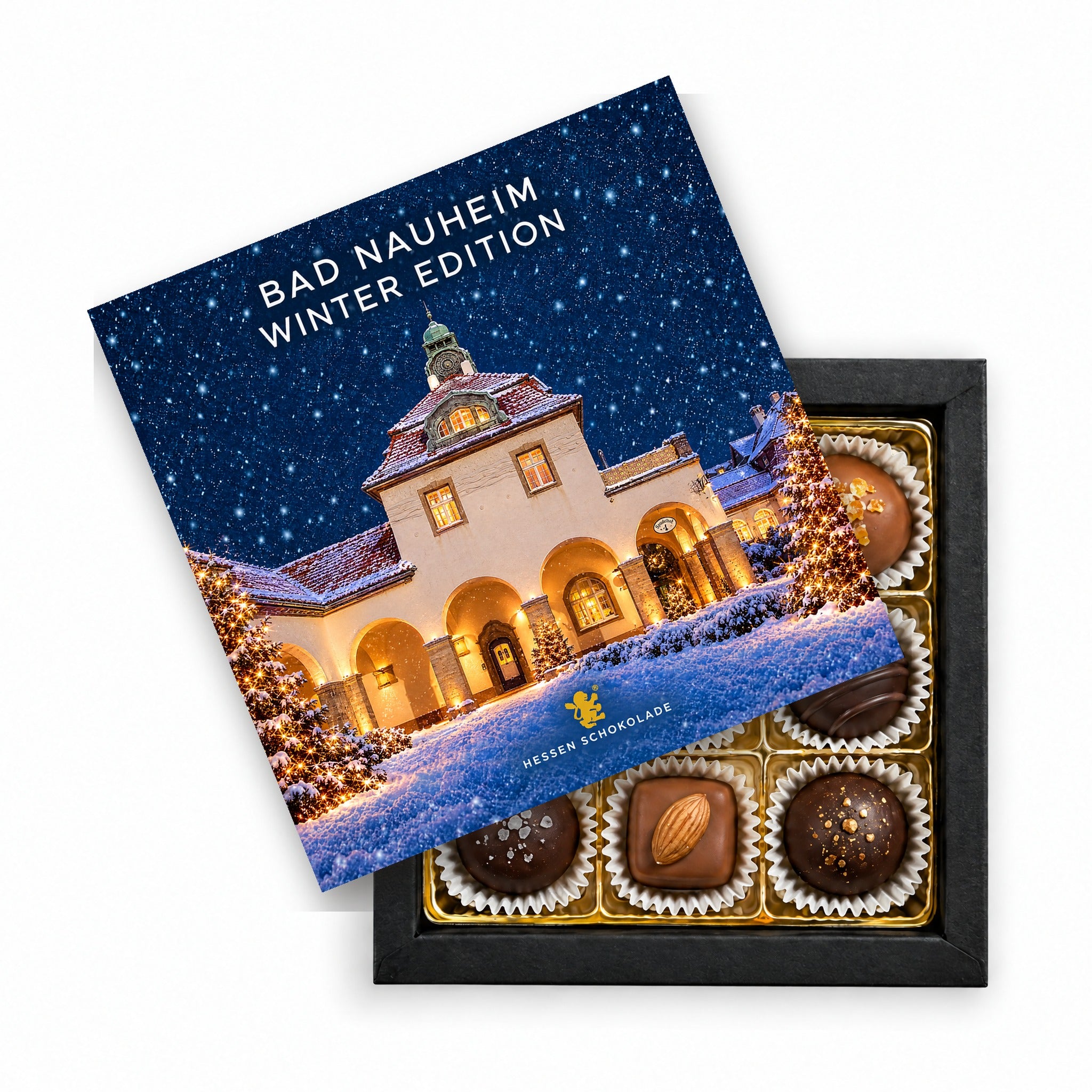 9er Pralinen Bad Nauheim Winter Edition – Sprudelhof – Präsentbox mit Motiv-Einleger