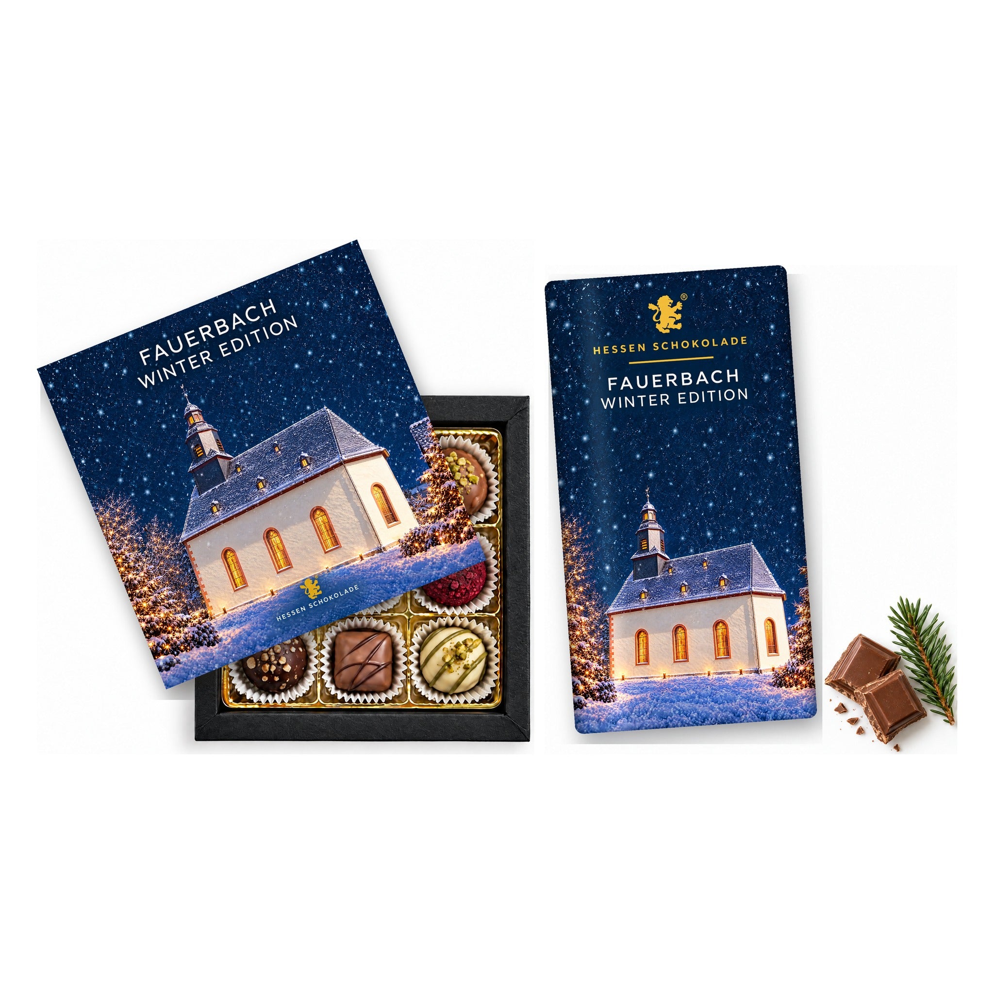Präsent-Set Butzbach Winter Edition – Fauerbach v. d. H. (Ev. Kirche) (9er Pralinen + Tafel)