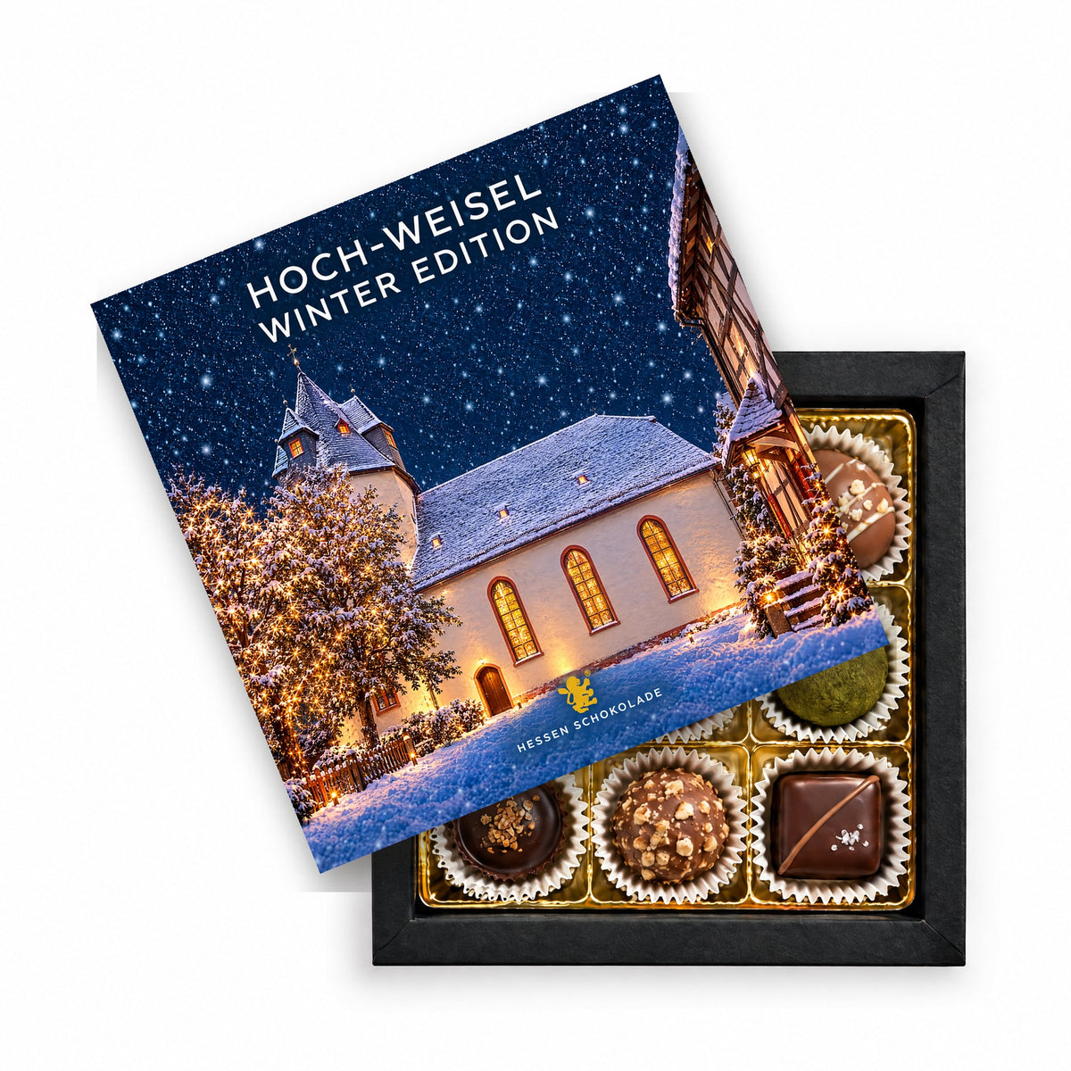 9er Pralinen in schwarzer Geschenkbox mit Einleger „Ev. Kirche“ – Süße Grüße aus Butzbach-Hoch-Weisel