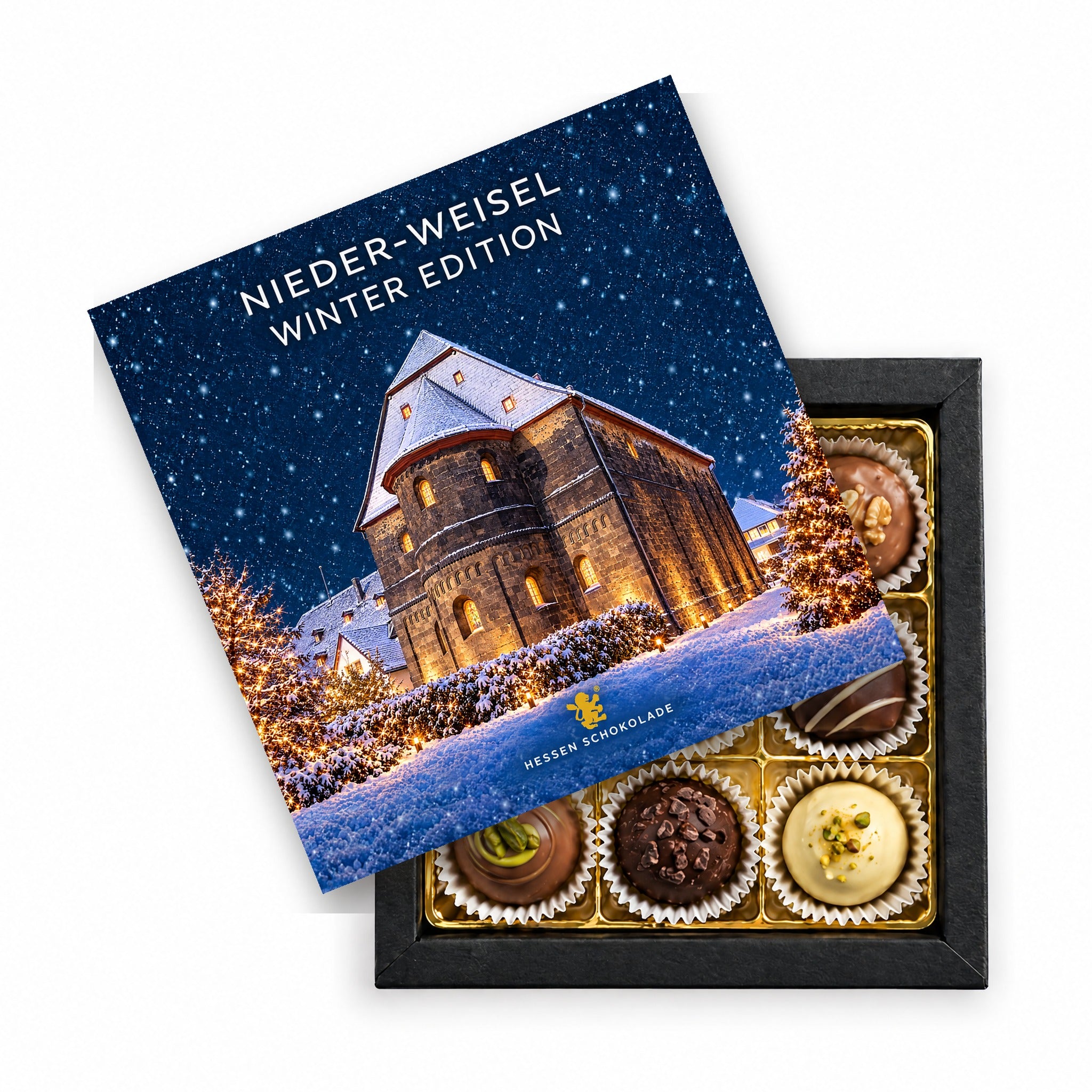 9er Pralinen Butzbach Winter Edition – Nieder-Weisel (Komturkirche) – Präsentbox mit Motiv-Einleger