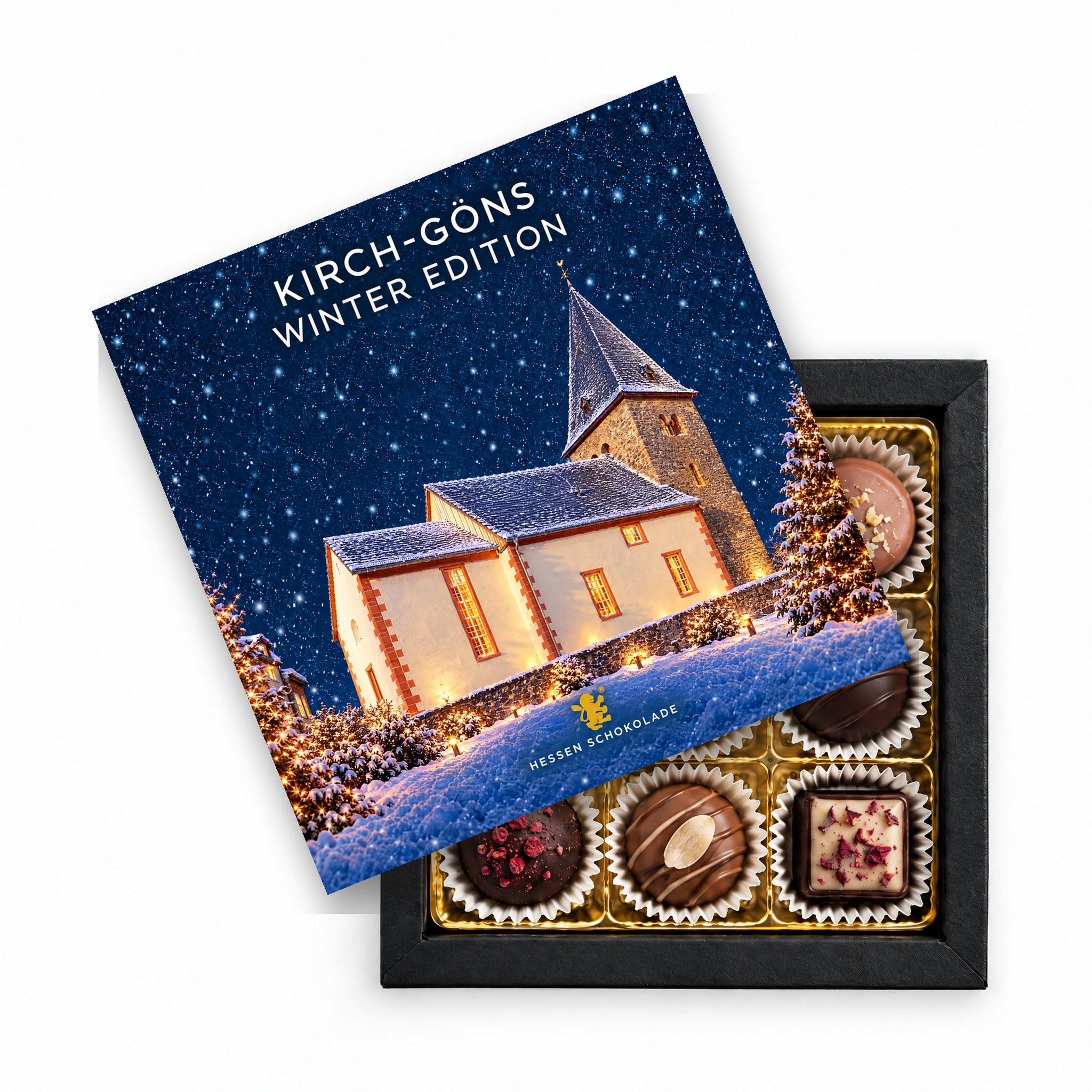 9er Pralinen Butzbach Winter Edition – Kirch-Göns (Ev. Kirche) – Präsentbox mit Motiv-Einleger