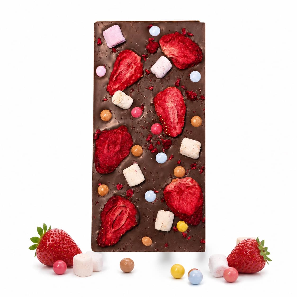 Premium Vollmilchschokolade mit Erdbeere, Schokokugeln und Marshmallow – Hessen Schokolade
