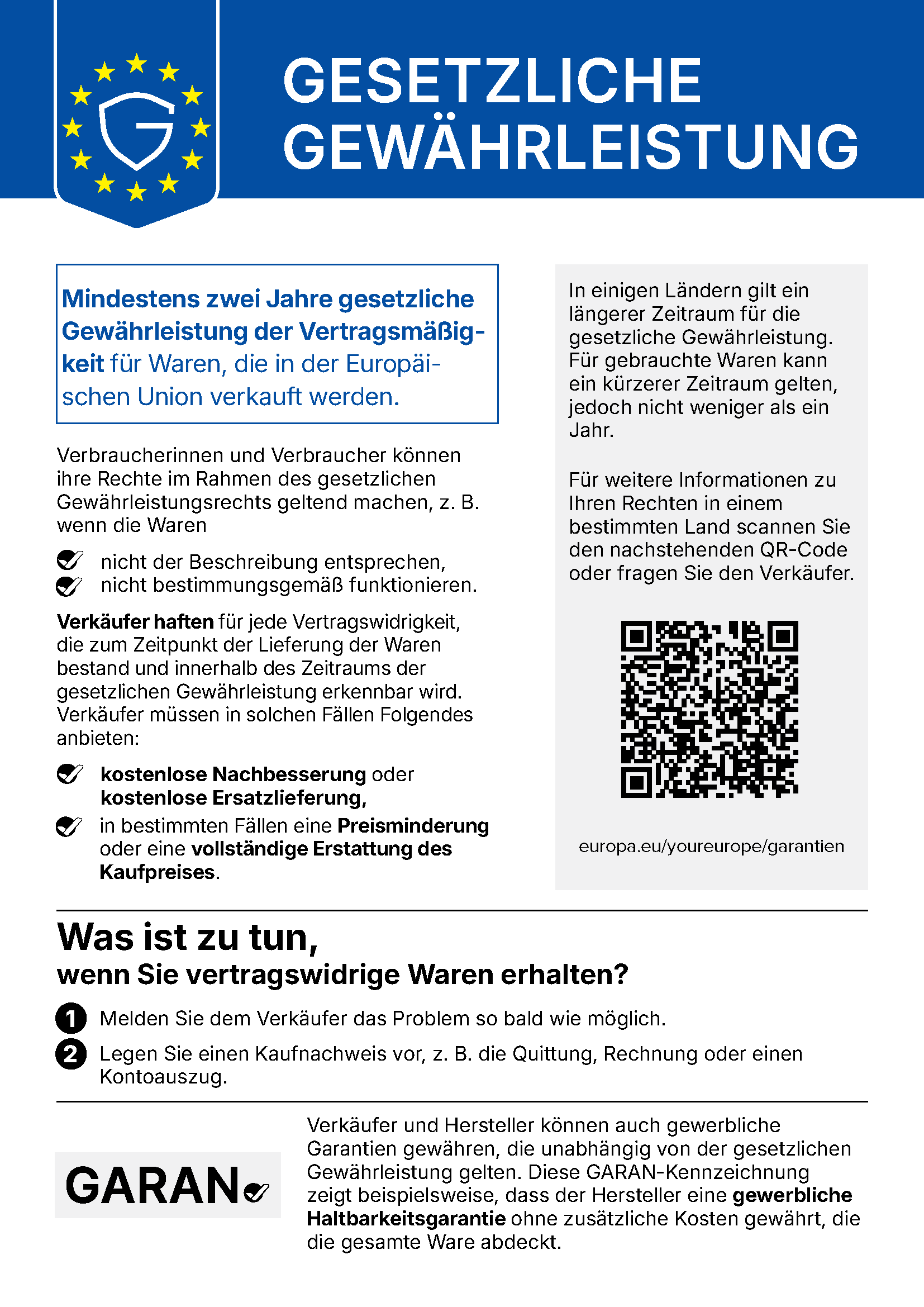 Hinweis zur gesetzlichen Gewährleistung: mindestens 2 Jahre (EU)