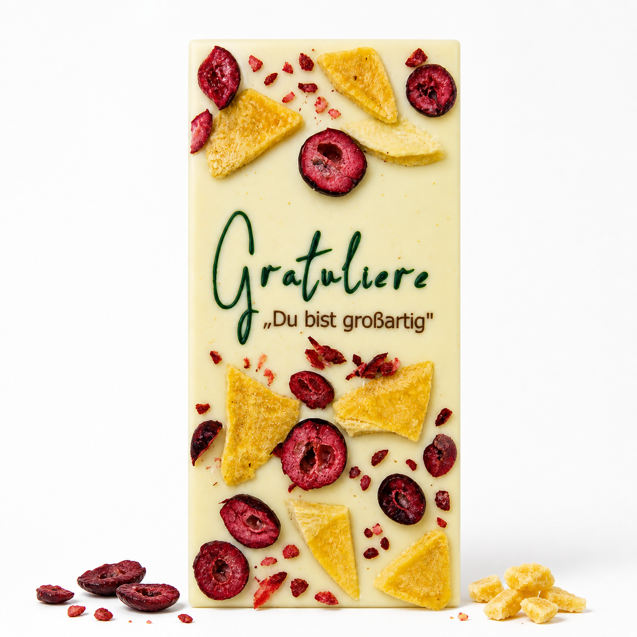 Premium weiße Schokolade Gratuliere – Preiselbeere, Mango