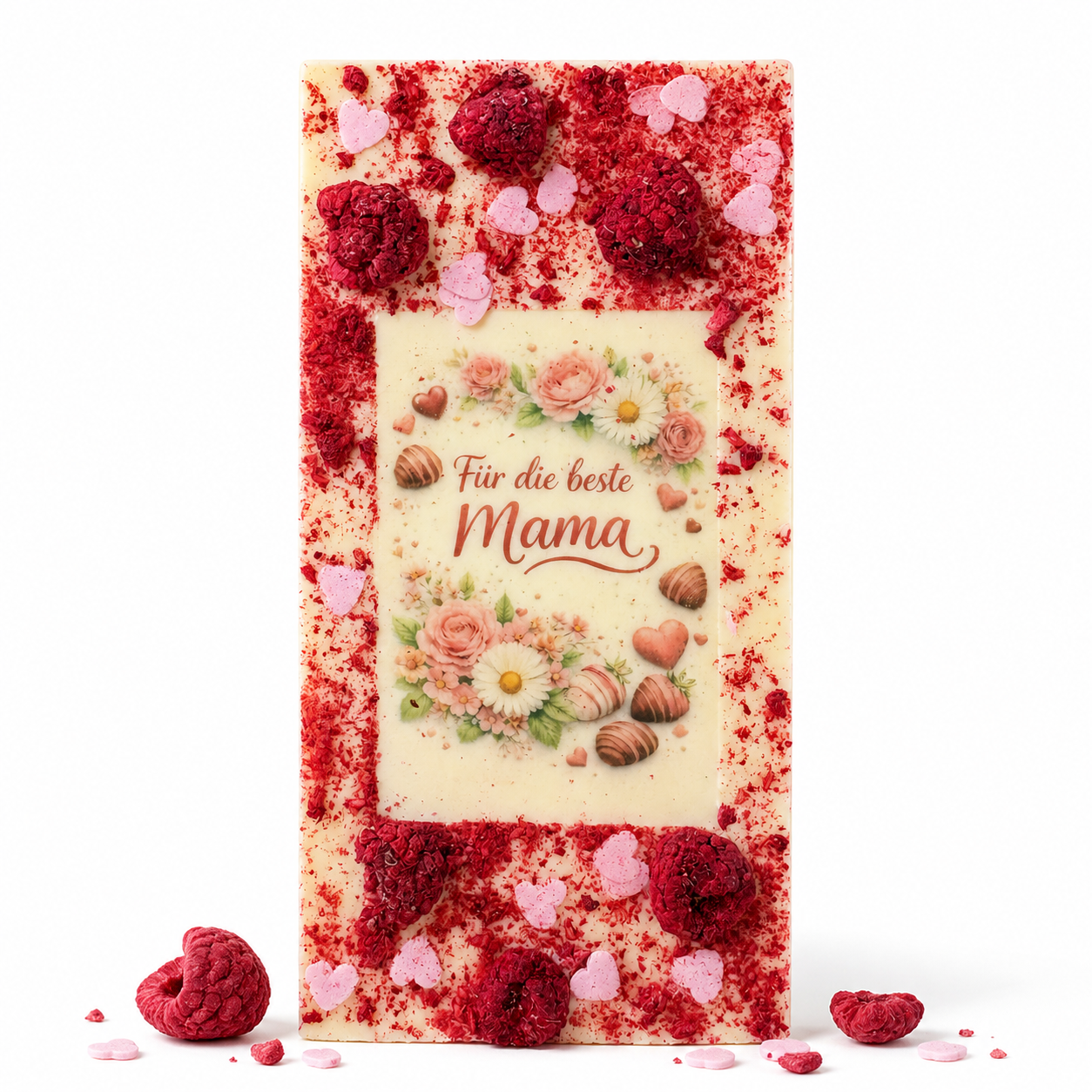 Premium weiße Schokolade Beste Mama – Himbeere, Zucker-Herzen