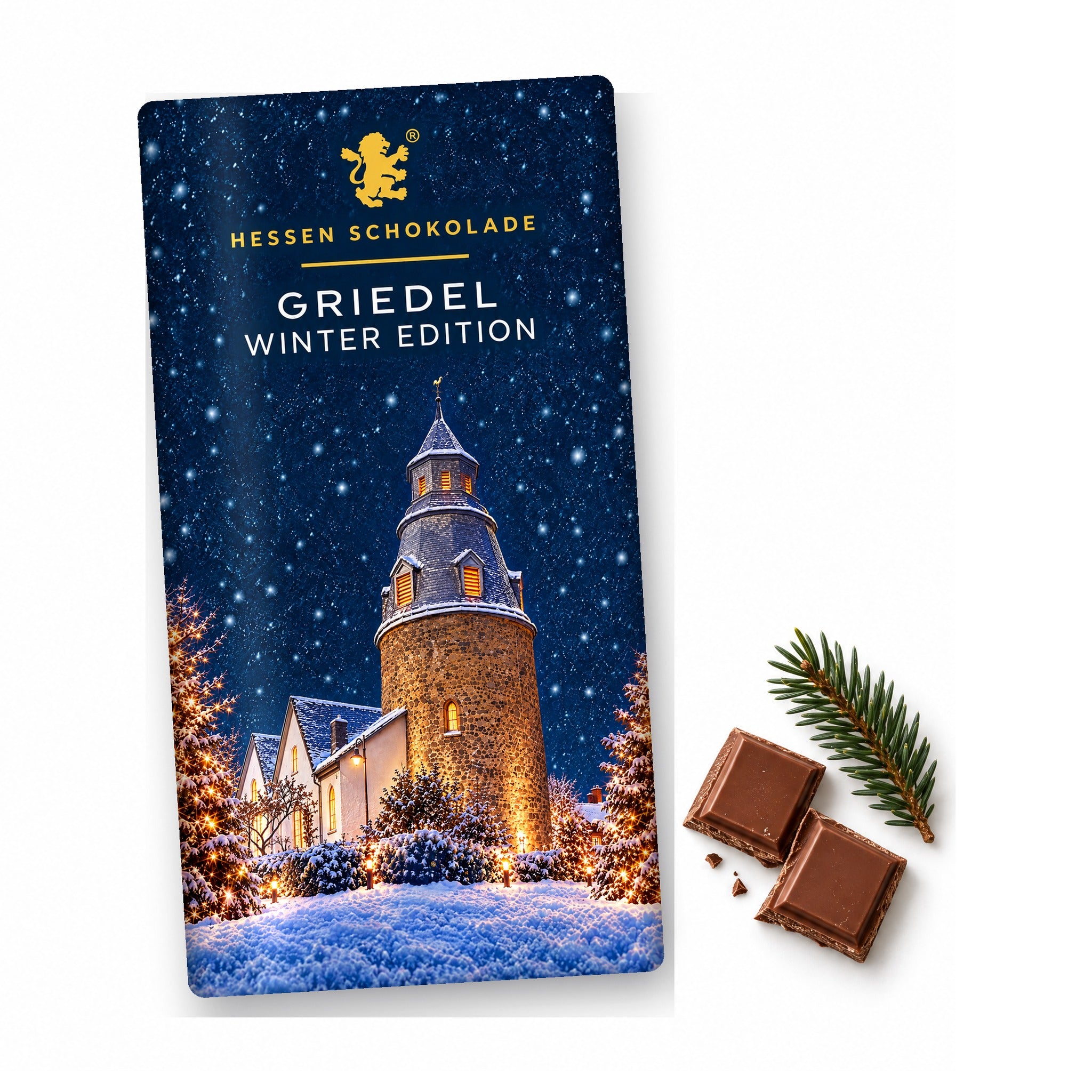 Vollmilch-Tafel Butzbach Winter Edition – Griedel (Ev. Kirche mit Wehrturm) – Tafel mit Motiv-Banderole