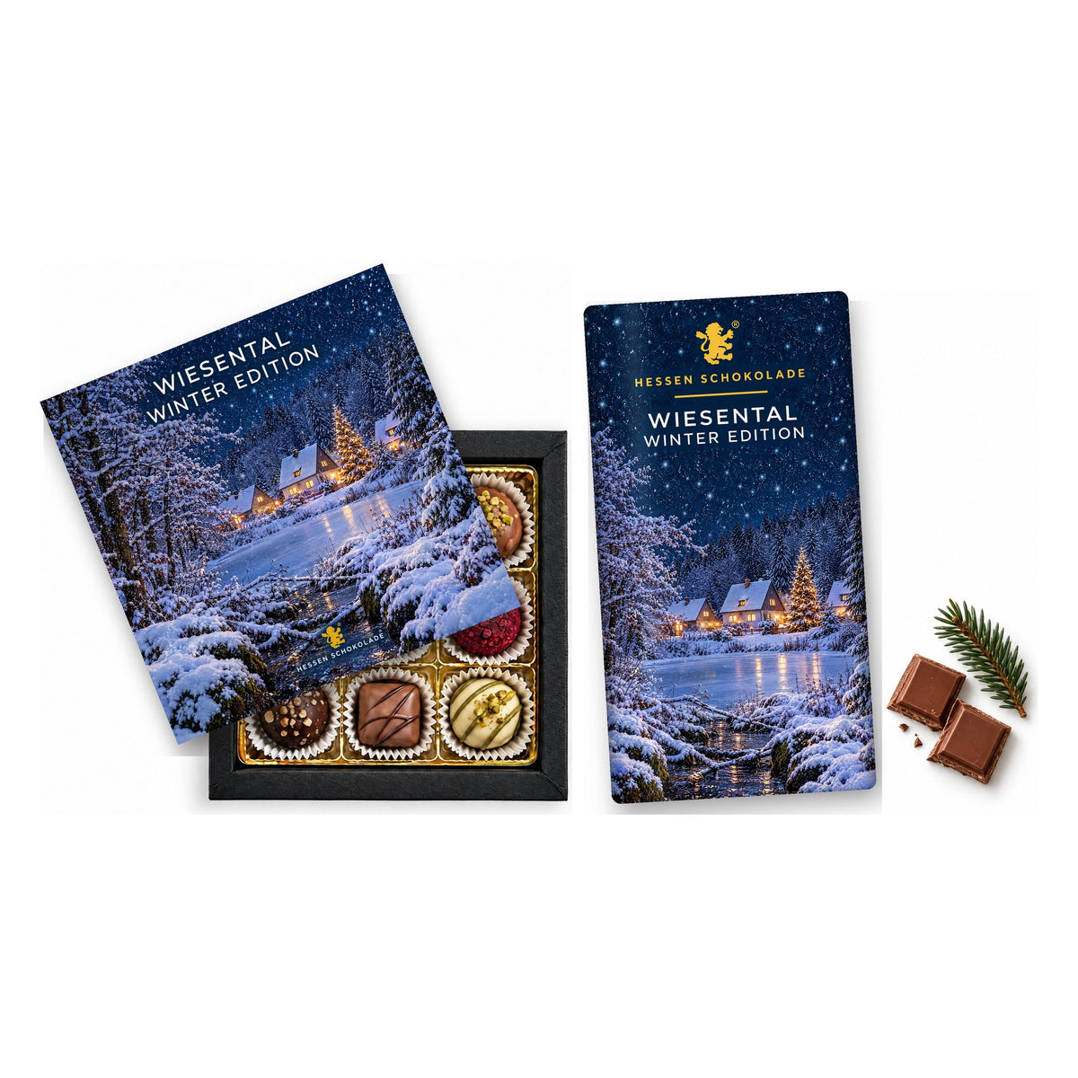 Geschenkset 9er Pralinen und Schokoladentafel „Waldsiedlung“ – Süße Grüße aus Butzbach-Wiesental