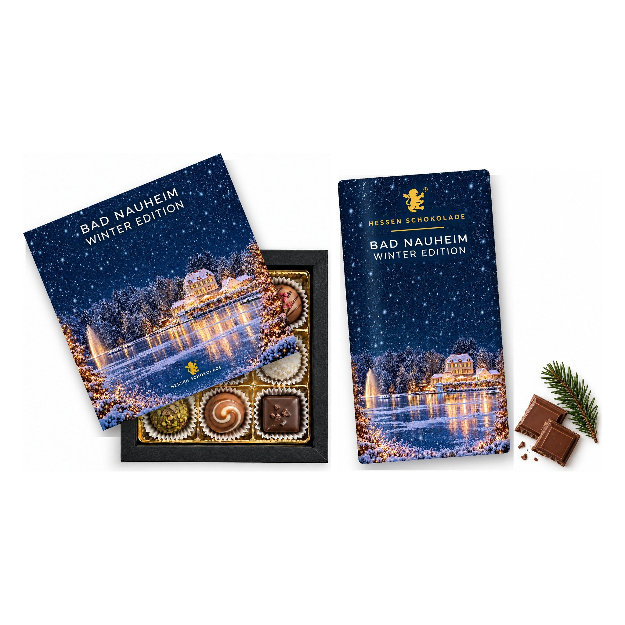 Präsent-Set Bad Nauheim Winter Edition – Großer Teich mit Teichhaus (9er Pralinen + Tafel)