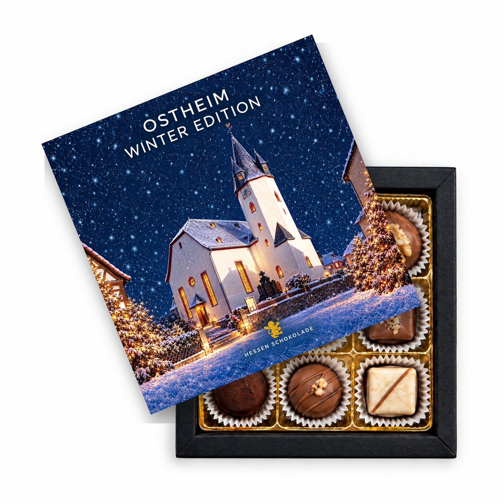 9er Pralinen Butzbach Winter Edition – Ostheim (Martinskirche) – Präsentbox mit Motiv-Einleger