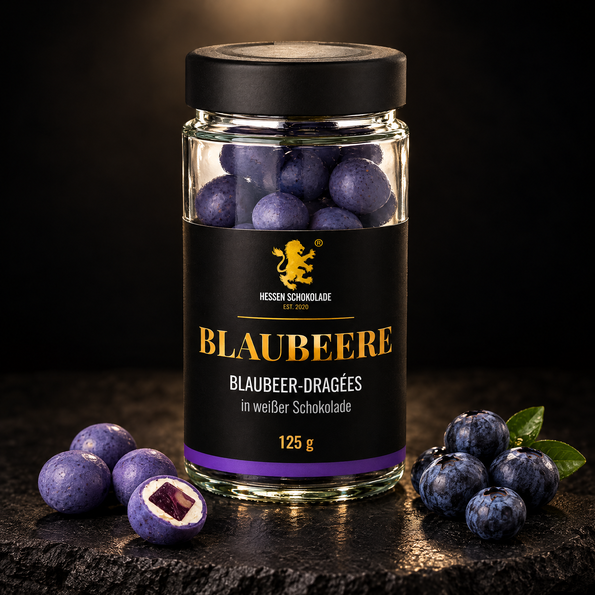 Blaubeer-Dragées im Glas, 125 g – Hessen Schokolade