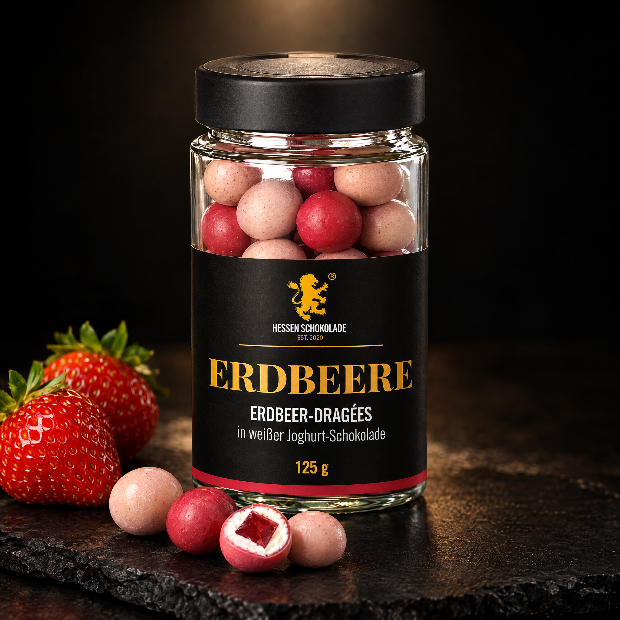 Erdbeer-Dragées im Glas, 125 g – Hessen Schokolade