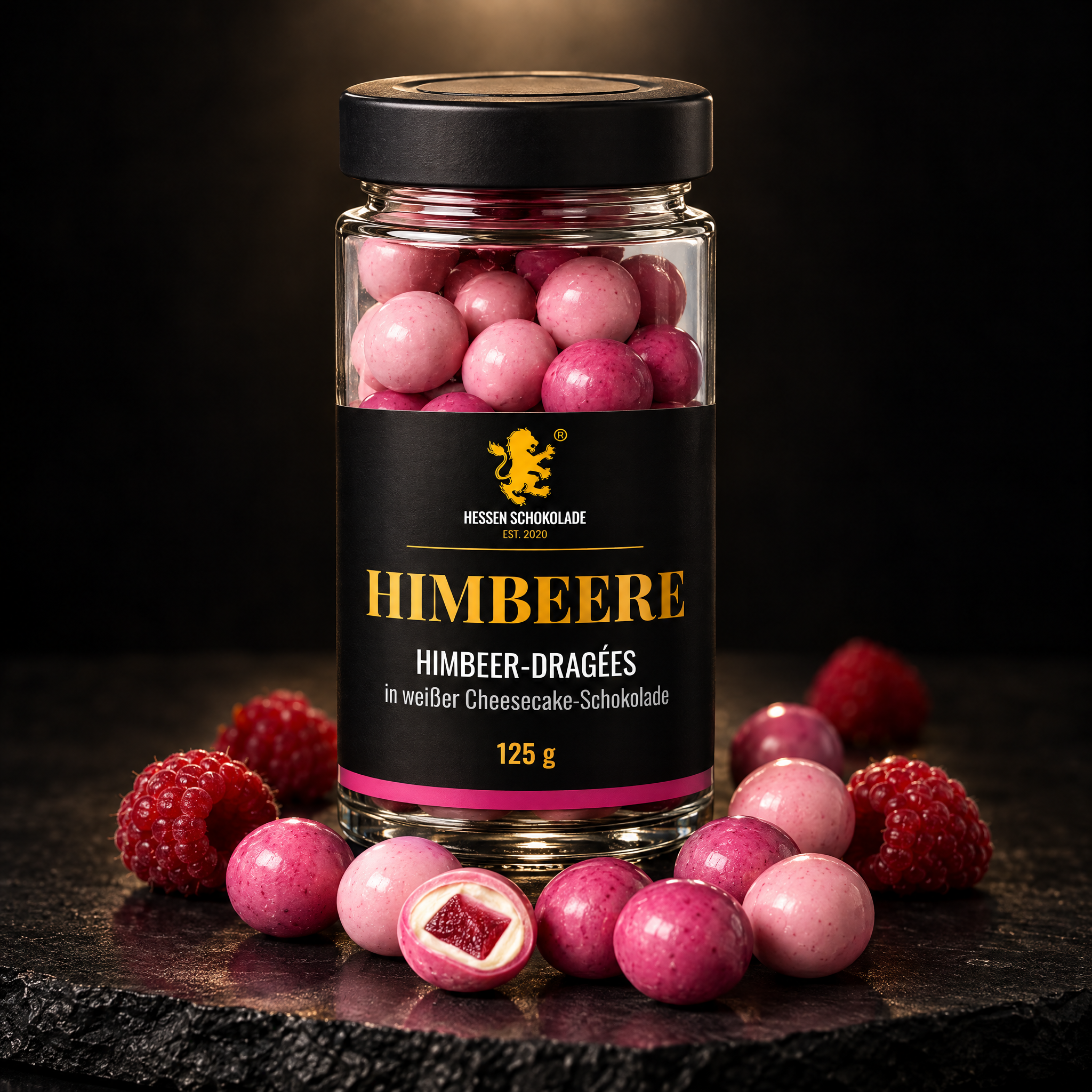Himbeer-Dragées im Glas, 125 g – Hessen Schokolade