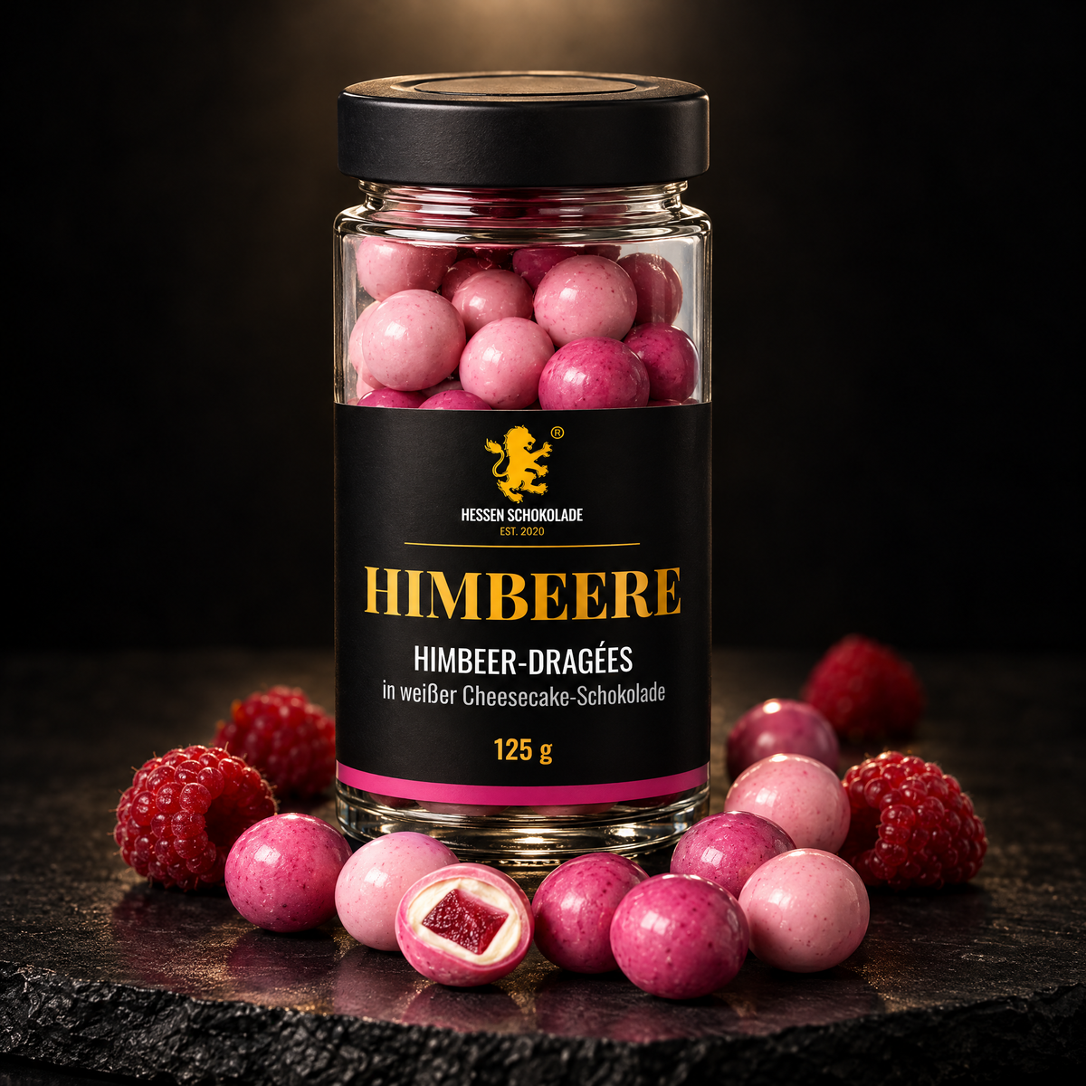 Himbeer-Dragées im Glas, 125 g – Hessen Schokolade