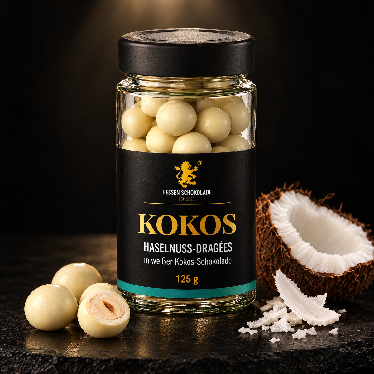 Kokos-Haselnuss-Dragées im Glas, 125 g – Hessen Schokolade