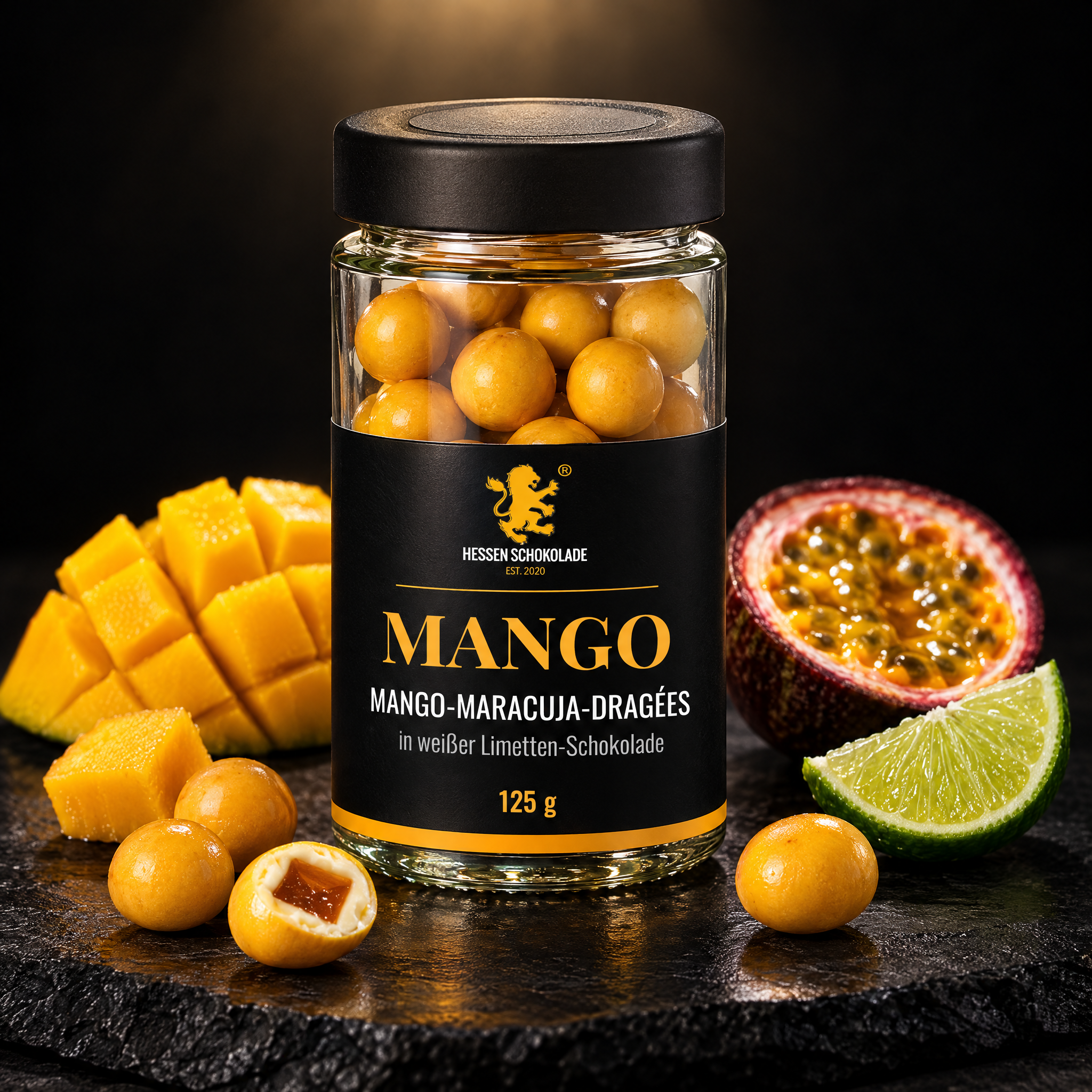Mango-Maracuja-Dragées im Glas, 125 g – Hessen Schokolade