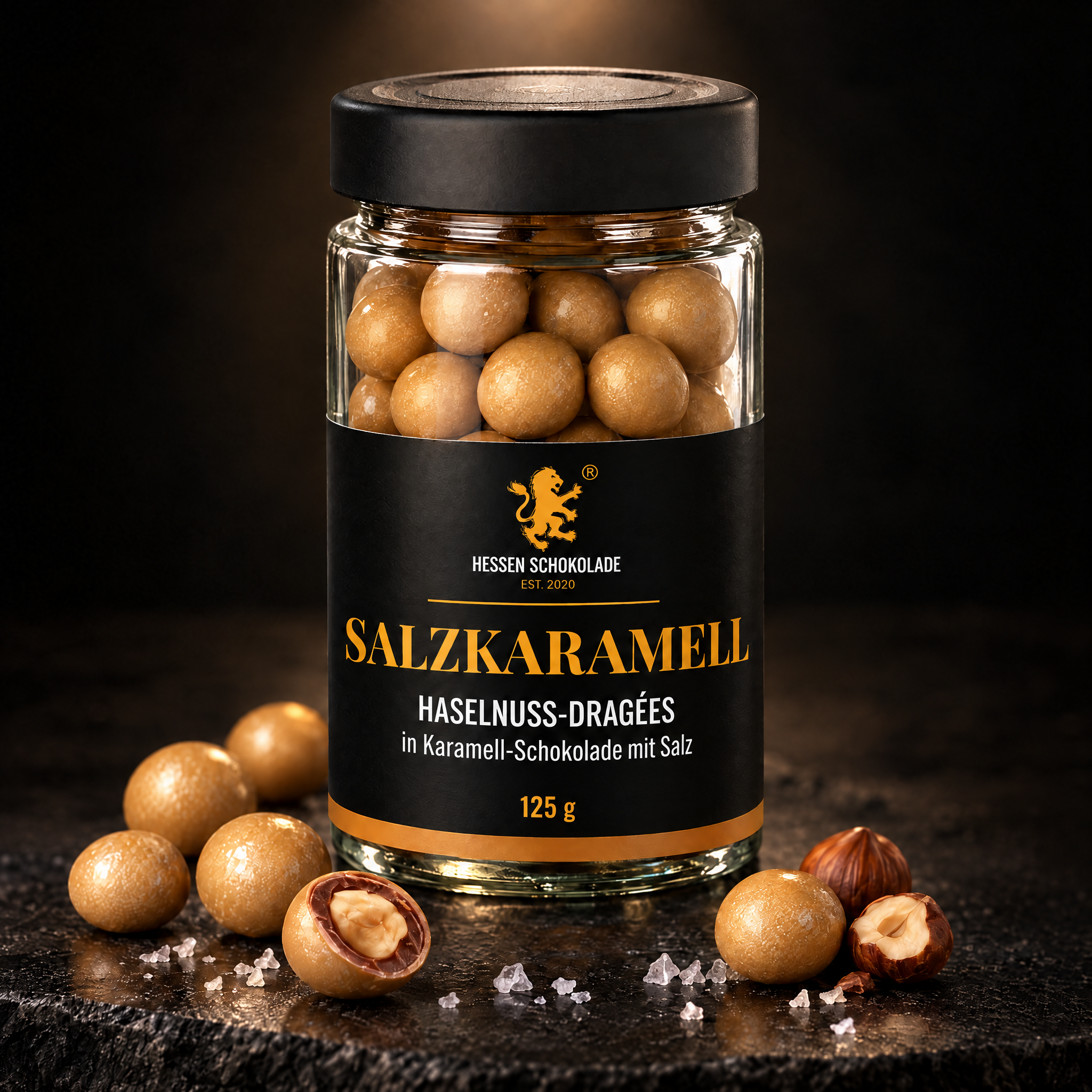 Salzkaramell-Haselnuss-Dragées im Glas, 125 g – Hessen Schokolade