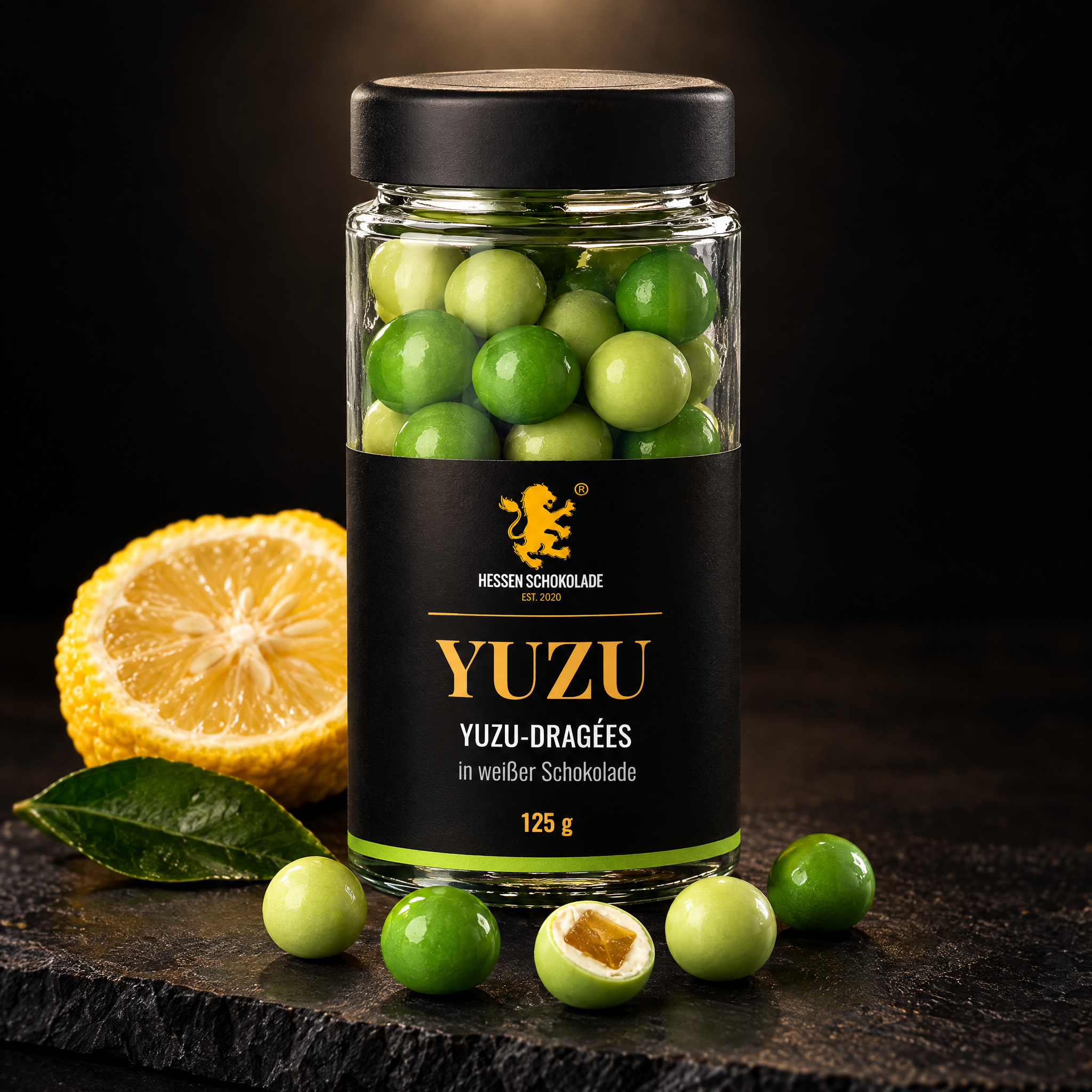 Yuzu-Dragées im Glas, 125 g – Hessen Schokolade