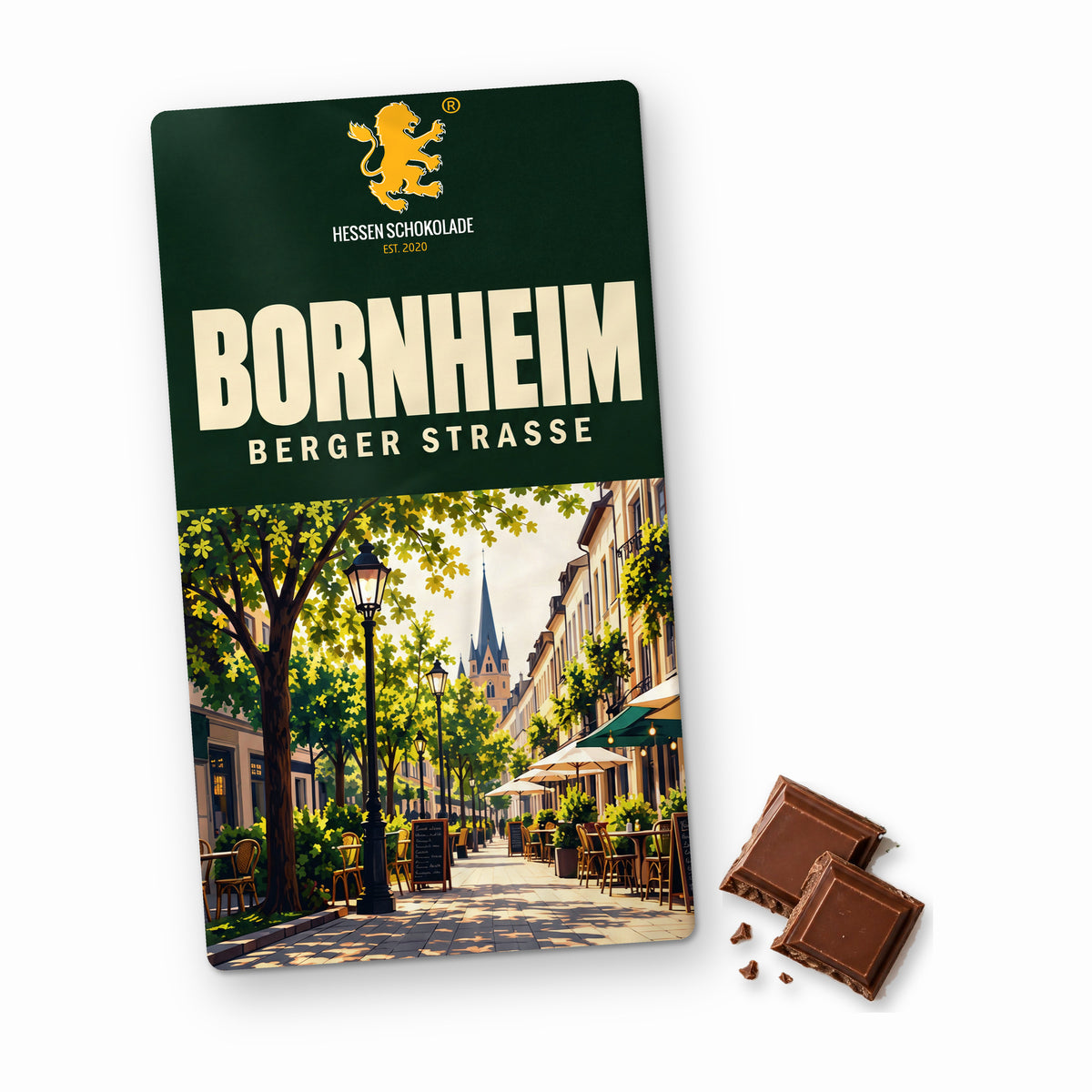 Frankfurt Schokolade: Vollmilch-Tafel mit Banderole „Bornheim – Berger Straße“ – Süße Grüße aus Frankfurt am Main