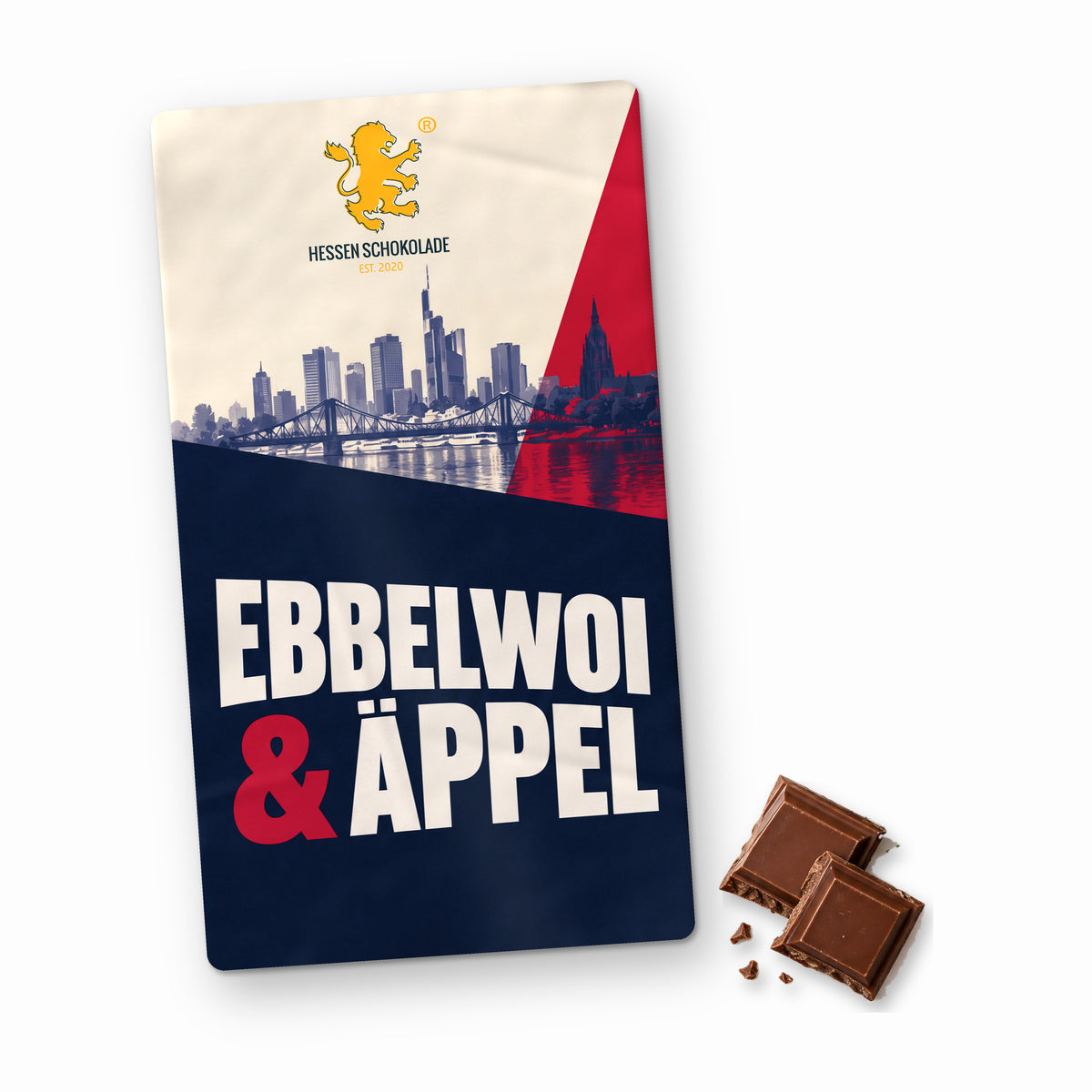 Frankfurt Schokolade: Vollmilch-Tafel mit Banderole „Ebbelwoi & Äppel“ – Süße Grüße aus Frankfurt am Main