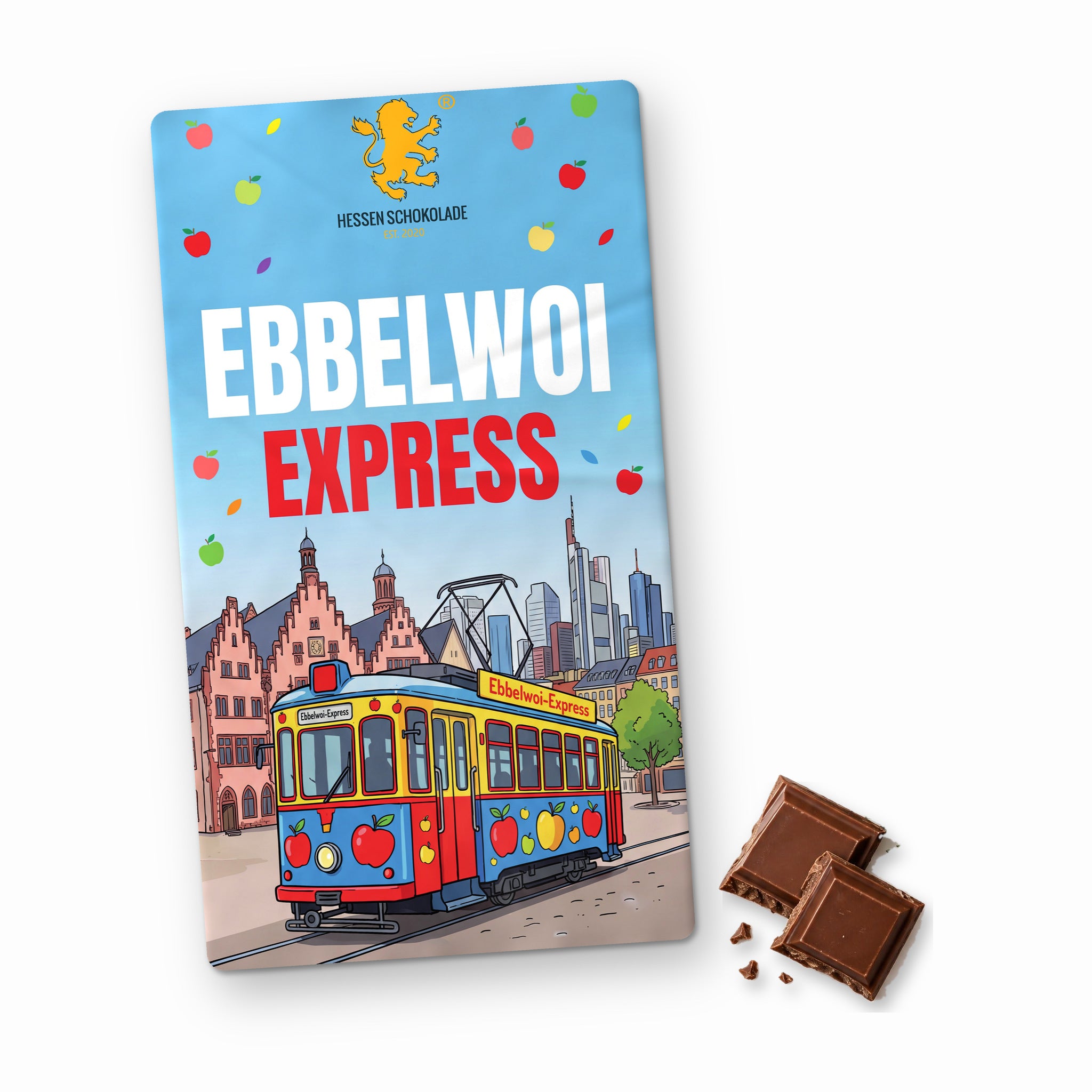 Frankfurt Schokolade: Vollmilch-Tafel mit Banderole „Ebbelwoi Express“ – Süße Grüße aus Frankfurt am Main