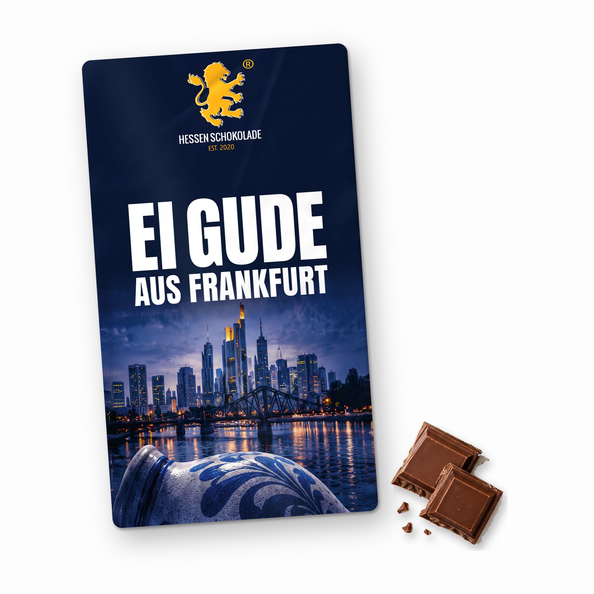 Frankfurt Schokolade: Vollmilch-Tafel mit Banderole „Ei Gude aus Frankfurt“ – Süße Grüße aus Frankfurt am Main