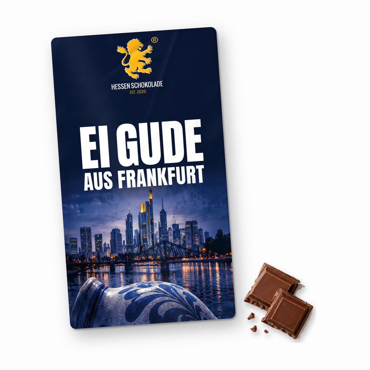 Frankfurt Schokolade: Vollmilch-Tafel mit Banderole „Ei Gude aus Frankfurt“ – Süße Grüße aus Frankfurt am Main