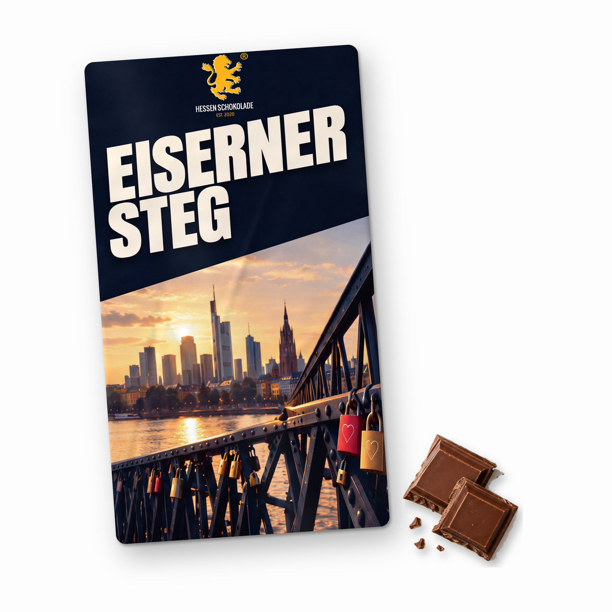 Frankfurt Schokolade: Vollmilch-Tafel mit Banderole „Eiserner Steg“ – Süße Grüße aus Frankfurt am Main