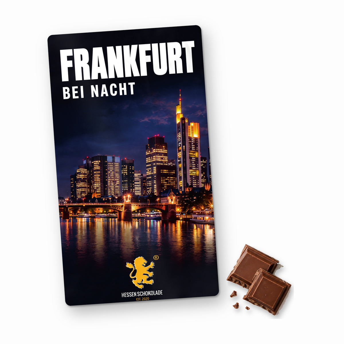 Frankfurt Schokolade: Vollmilch-Tafel mit Banderole „Frankfurt bei Nacht“ – Süße Grüße aus Frankfurt am Main