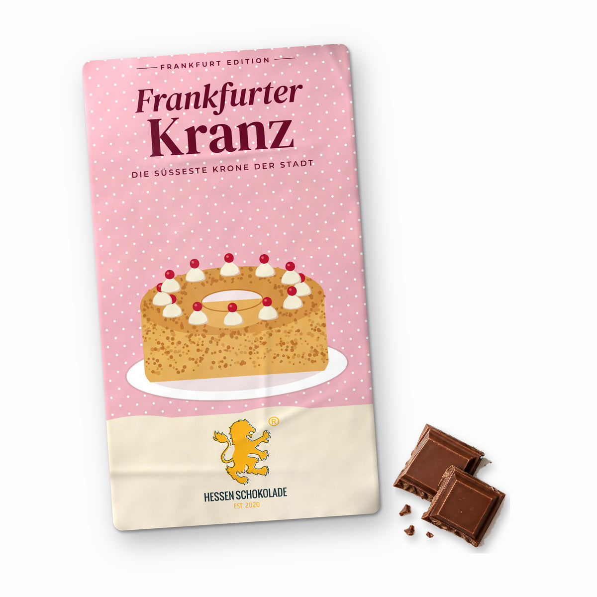 Frankfurt Schokolade: Vollmilch-Tafel mit Banderole „Frankfurter Kranz – Die süßeste Krone der Stadt“ – Süße Grüße aus Frankfurt am Main