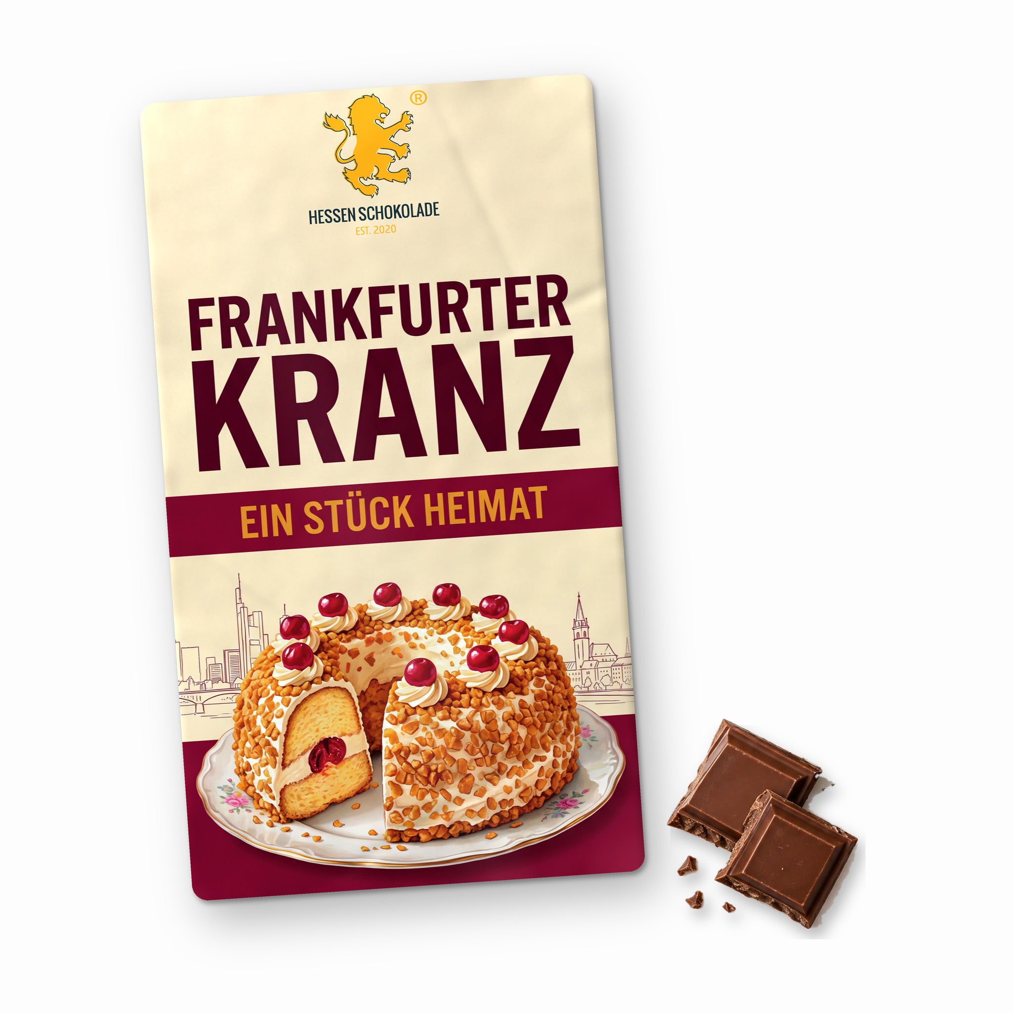 Frankfurt Schokolade: Vollmilch-Tafel mit Banderole „Frankfurter Kranz – Ein Stück Heimat“ – Süße Grüße aus Frankfurt am Main