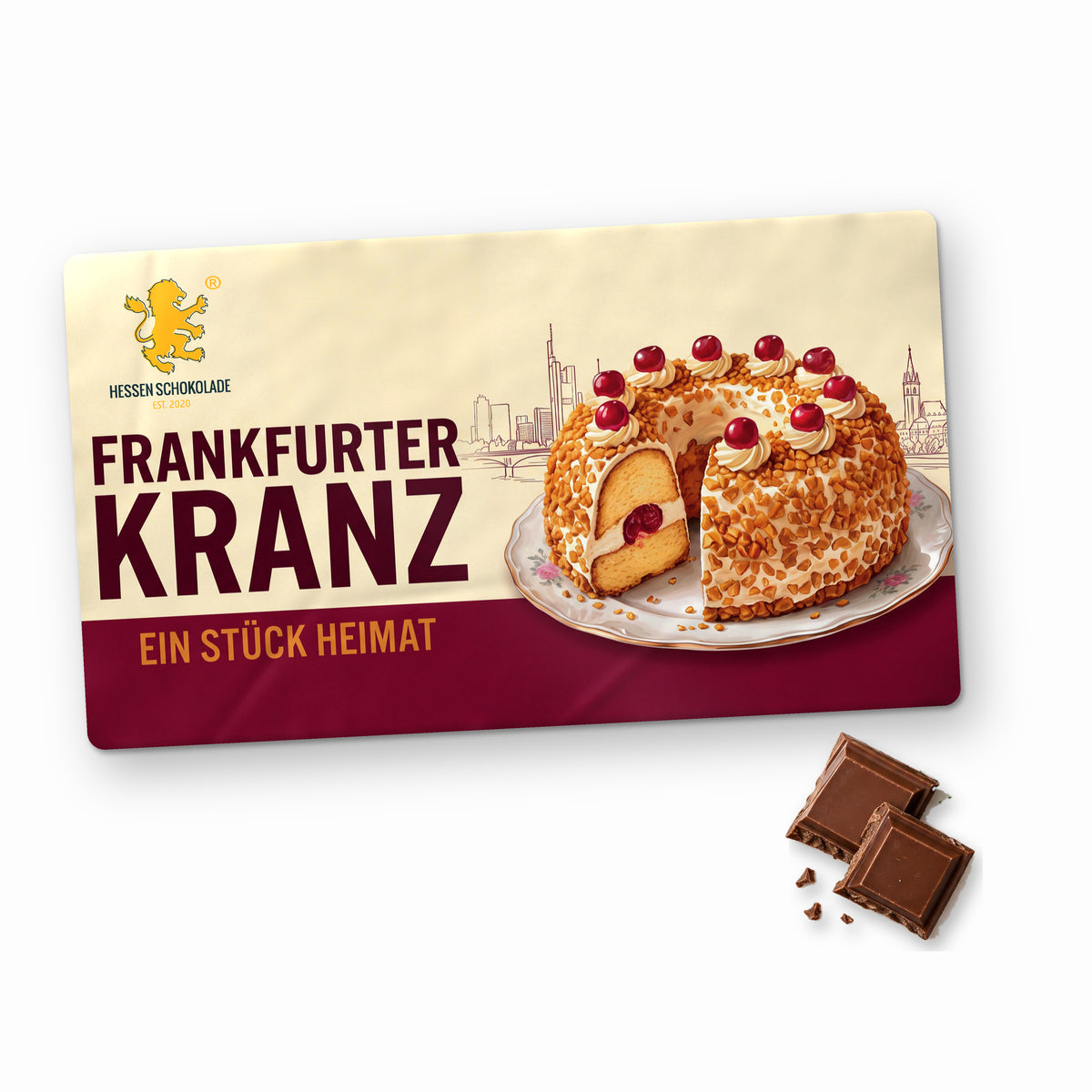 Frankfurt Schokolade „Frankfurter Kranz – Ein Stück Heimat“ im Querformat – Souvenir aus Frankfurt am Main