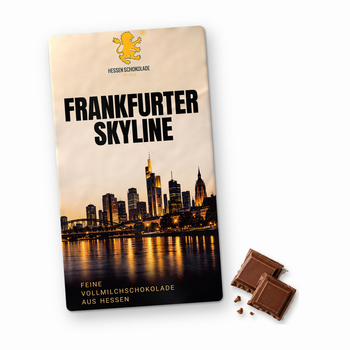 Frankfurt Schokolade: Vollmilch-Tafel mit Banderole „Frankfurter Skyline“ – Süße Grüße aus Frankfurt am Main