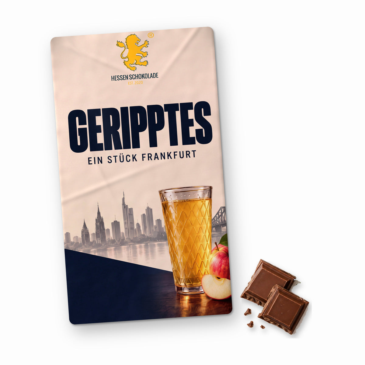 Frankfurt Schokolade: Vollmilch-Tafel mit Banderole „Geripptes – Ein Stück Frankfurt“ – Süße Grüße aus Frankfurt am Main