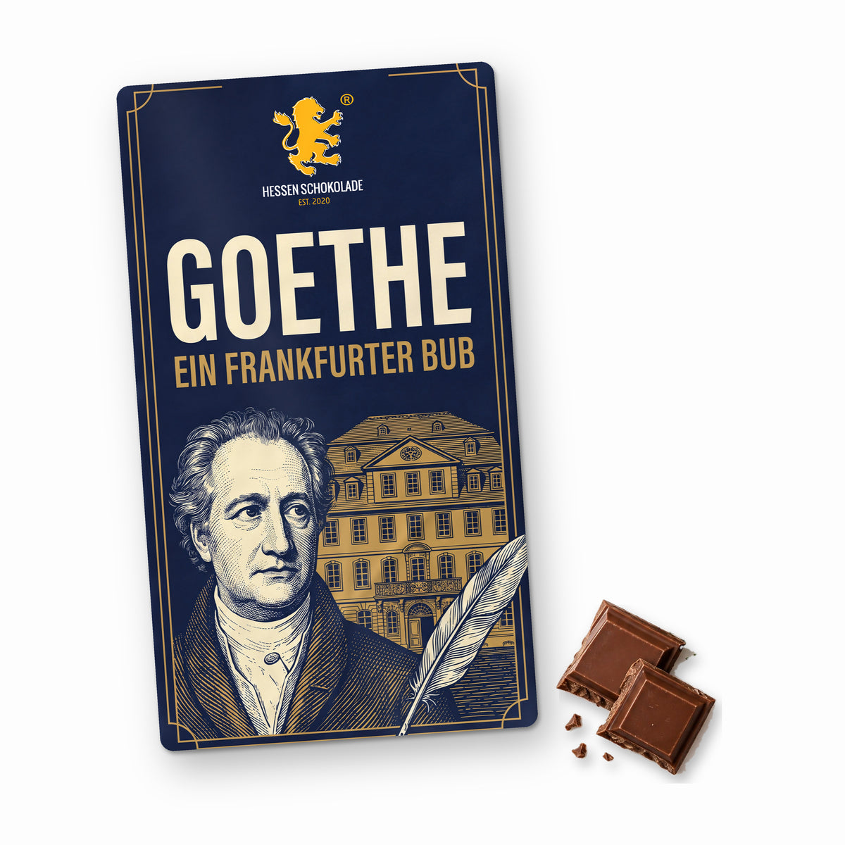 Frankfurt Schokolade: Vollmilch-Tafel mit Banderole „Goethe – Ein Frankfurter Bub“ – Süße Grüße aus Frankfurt am Main