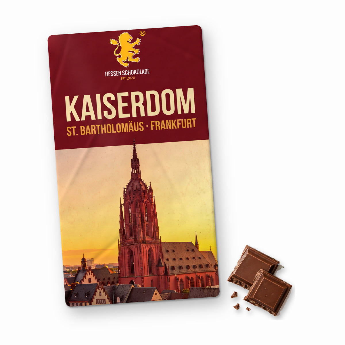 Frankfurt Schokolade: Vollmilch-Tafel mit Banderole „Kaiserdom St. Bartholomäus“ – Süße Grüße aus Frankfurt am Main