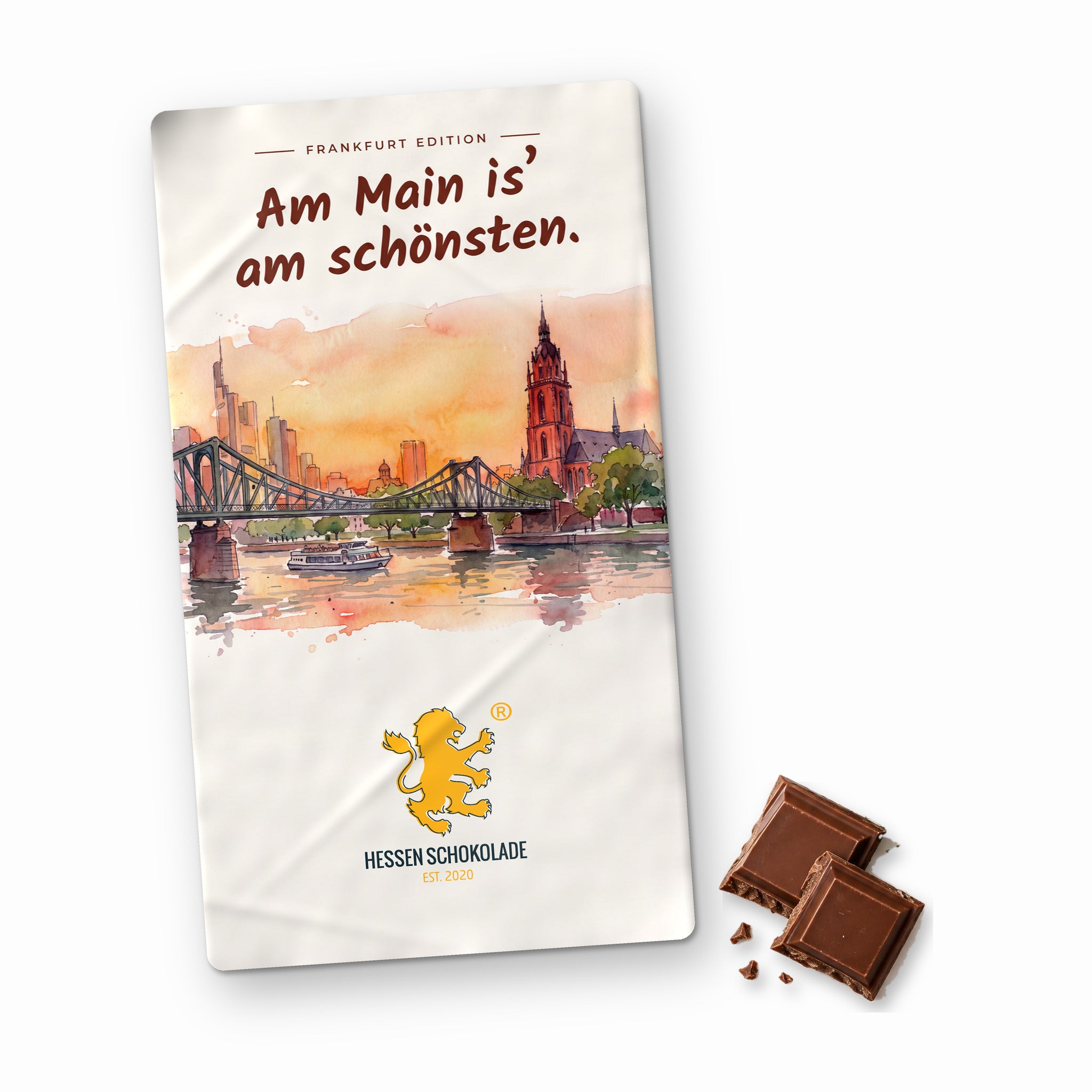 Frankfurt Schokolade: Vollmilch-Tafel mit Banderole „Am Main is' am schönsten“ – Süße Grüße aus Frankfurt am Main