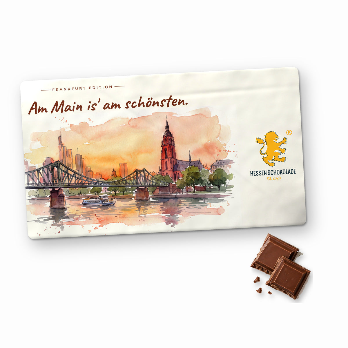 Frankfurt Schokolade „Am Main is' am schönsten“ im Querformat – Souvenir aus Frankfurt am Main