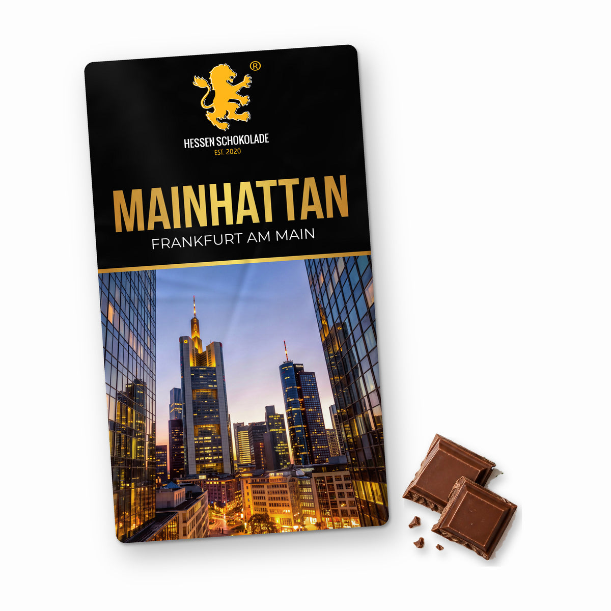 Frankfurt Schokolade: Vollmilch-Tafel mit Banderole „Mainhattan“ – Süße Grüße aus Frankfurt am Main