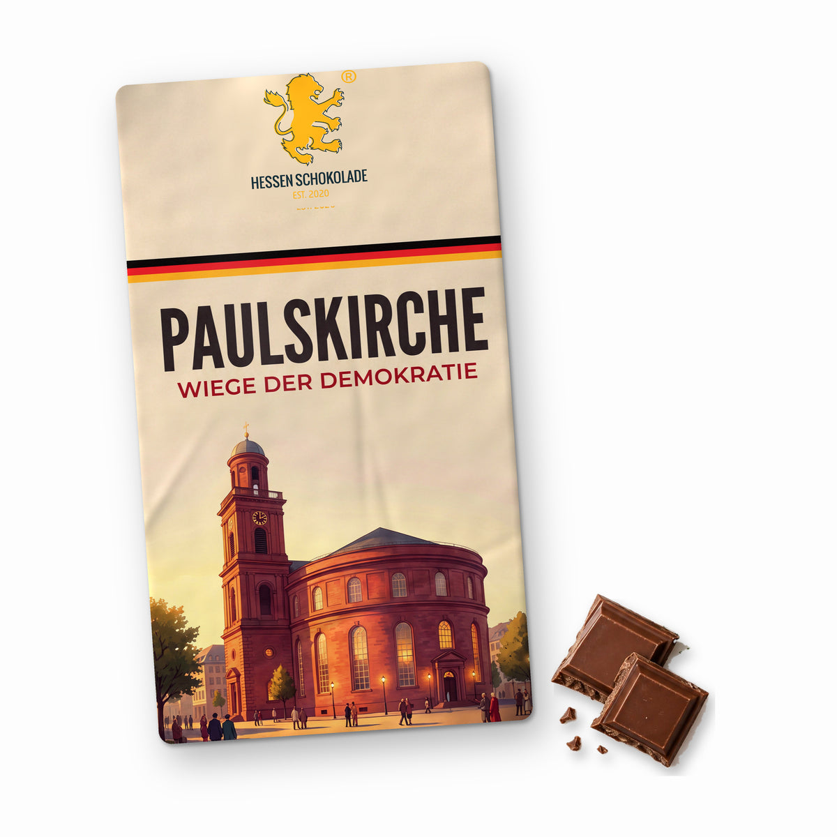 Frankfurt Schokolade: Vollmilch-Tafel mit Banderole „Paulskirche – Wiege der Demokratie“ – Süße Grüße aus Frankfurt am Main