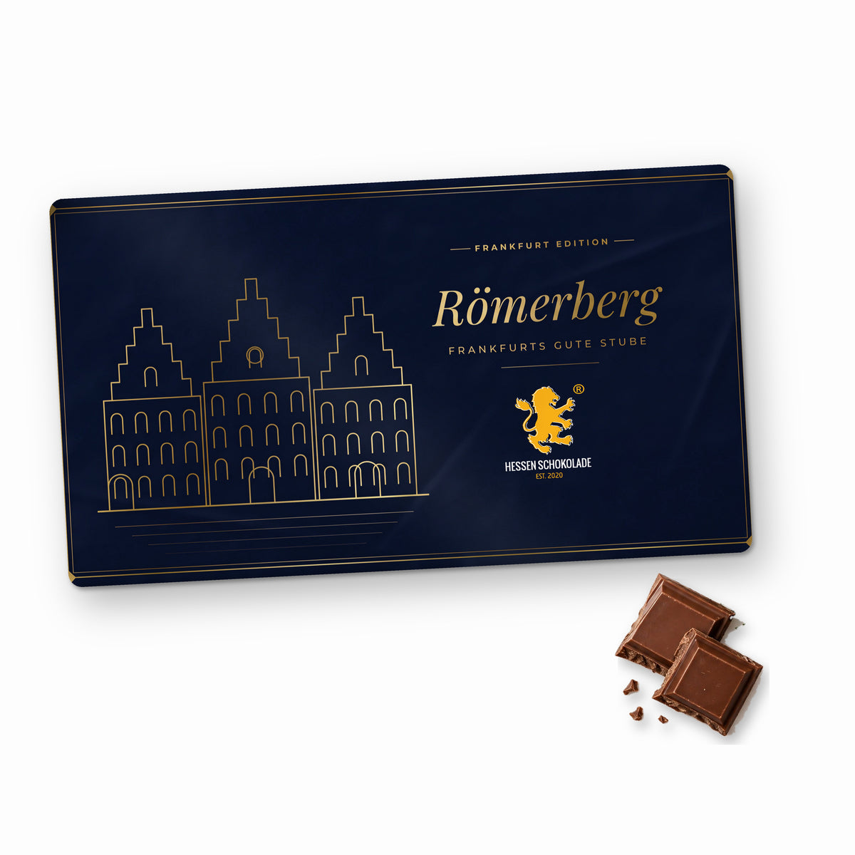 Frankfurt Schokolade „Römerberg – Frankfurts gute Stube“ im Querformat – Souvenir aus Frankfurt am Main