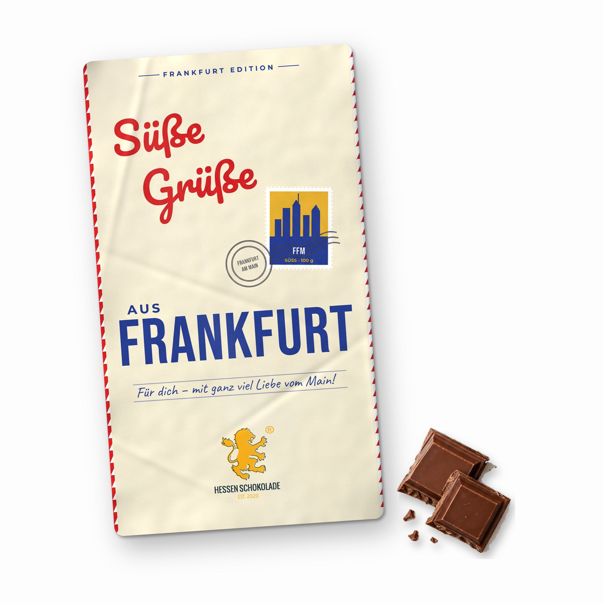 Frankfurt Schokolade: Vollmilch-Tafel mit Banderole „Süße Grüße aus Frankfurt – Luftpost“ – Süße Grüße aus Frankfurt am Main