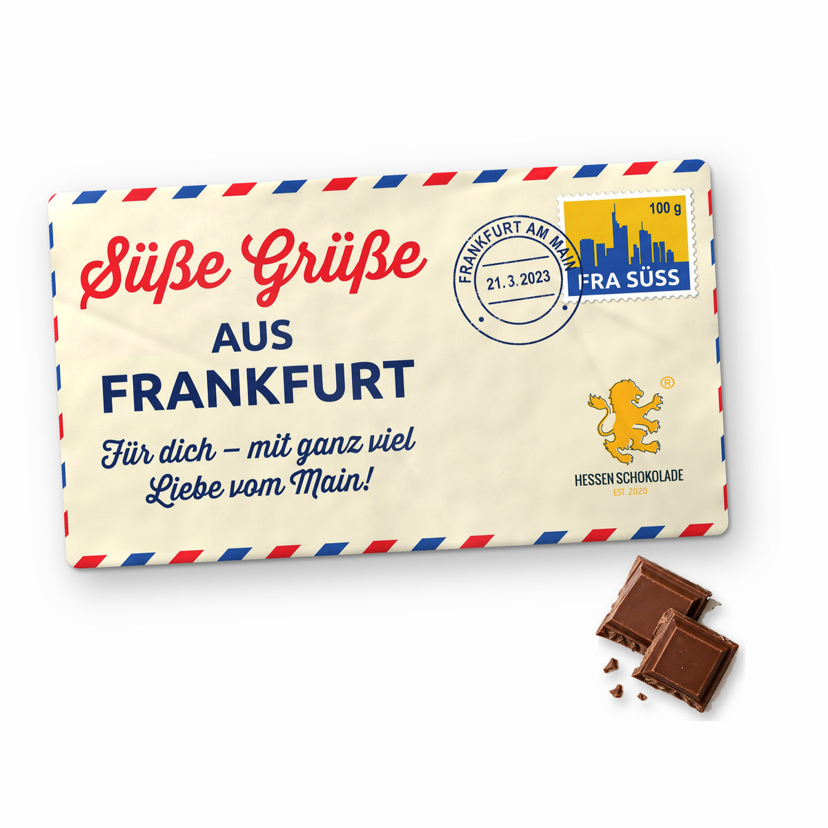 Frankfurt Schokolade „Süße Grüße aus Frankfurt – Luftpost“ im Querformat – Souvenir aus Frankfurt am Main