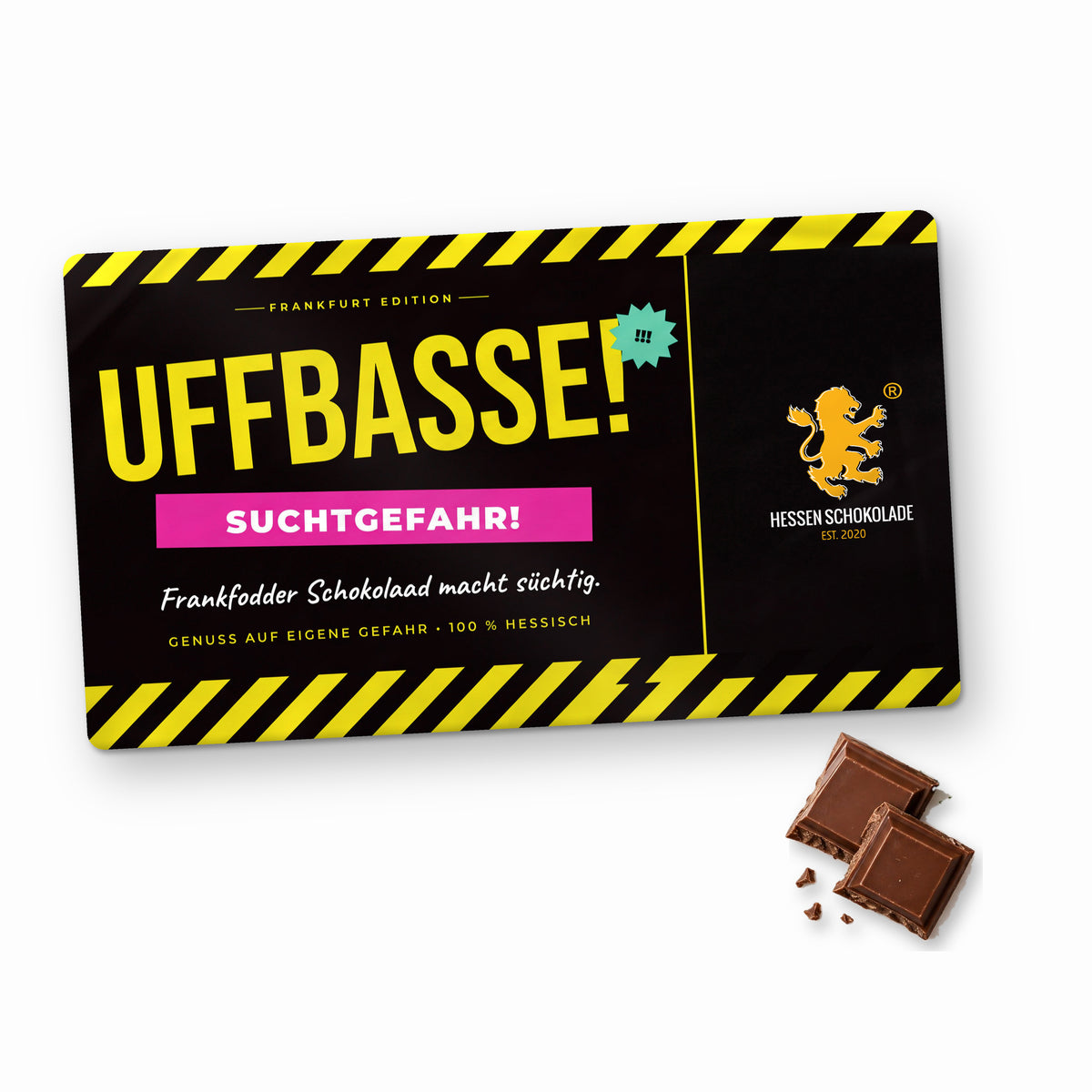 Frankfurt Schokolade „Uffbasse! – Suchtgefahr“ im Querformat – Souvenir aus Frankfurt am Main