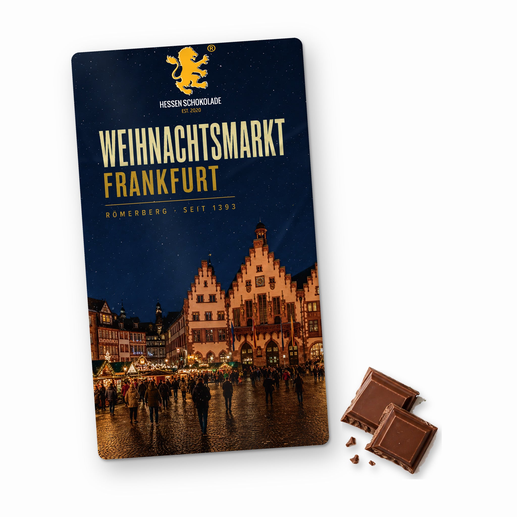 Frankfurt Schokolade: Vollmilch-Tafel mit Banderole „Weihnachtsmarkt Frankfurt“ – Süße Grüße aus Frankfurt am Main