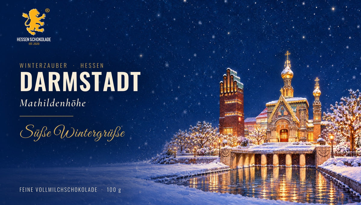 Banderole Winterzauber Hessen – Darmstadt – Mathildenhöhe, winterliches Motiv auf Hessen Schokolade